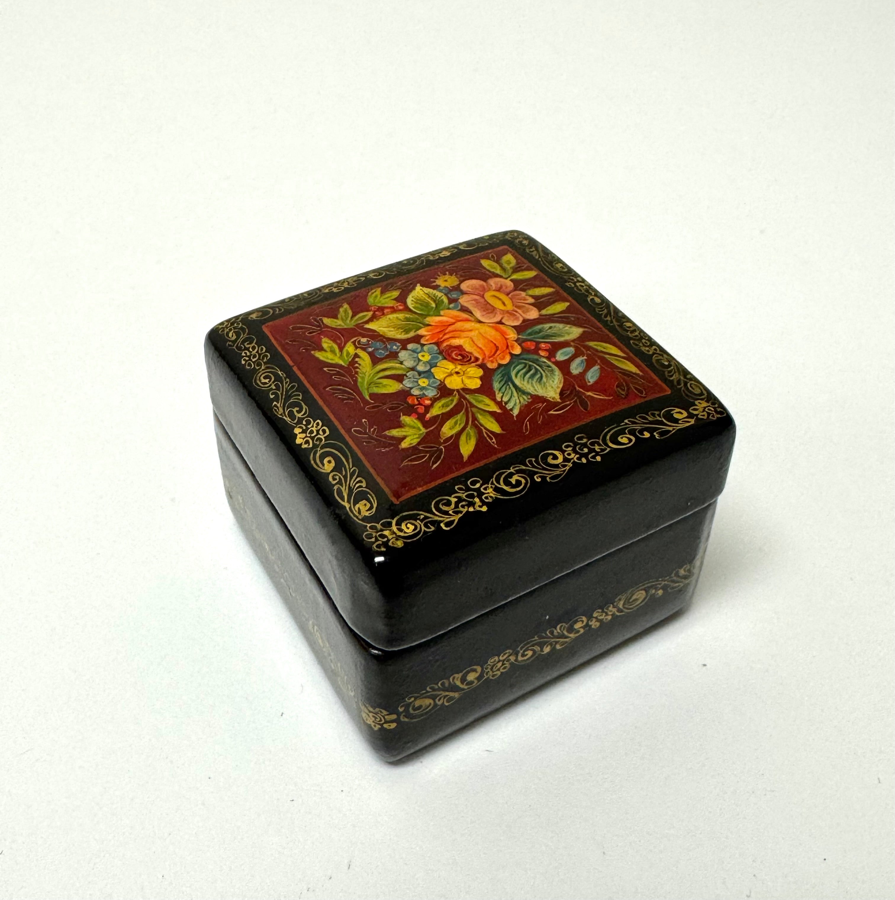 Hand-painted Black Lacquer Floral Square Trinket Box