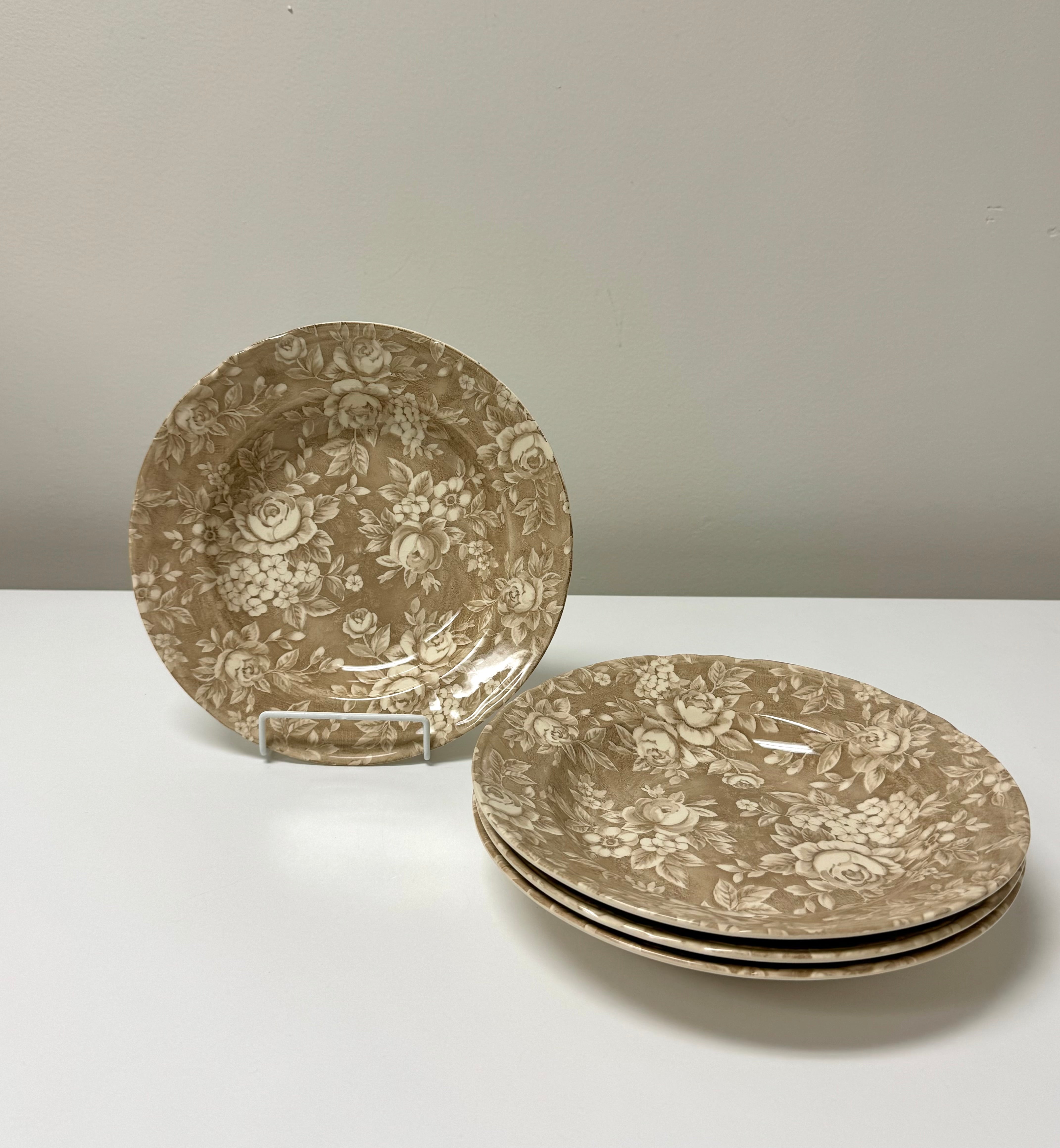 Vintage EATON HOME Tan Toile Rim Soup Bowls Set of 4