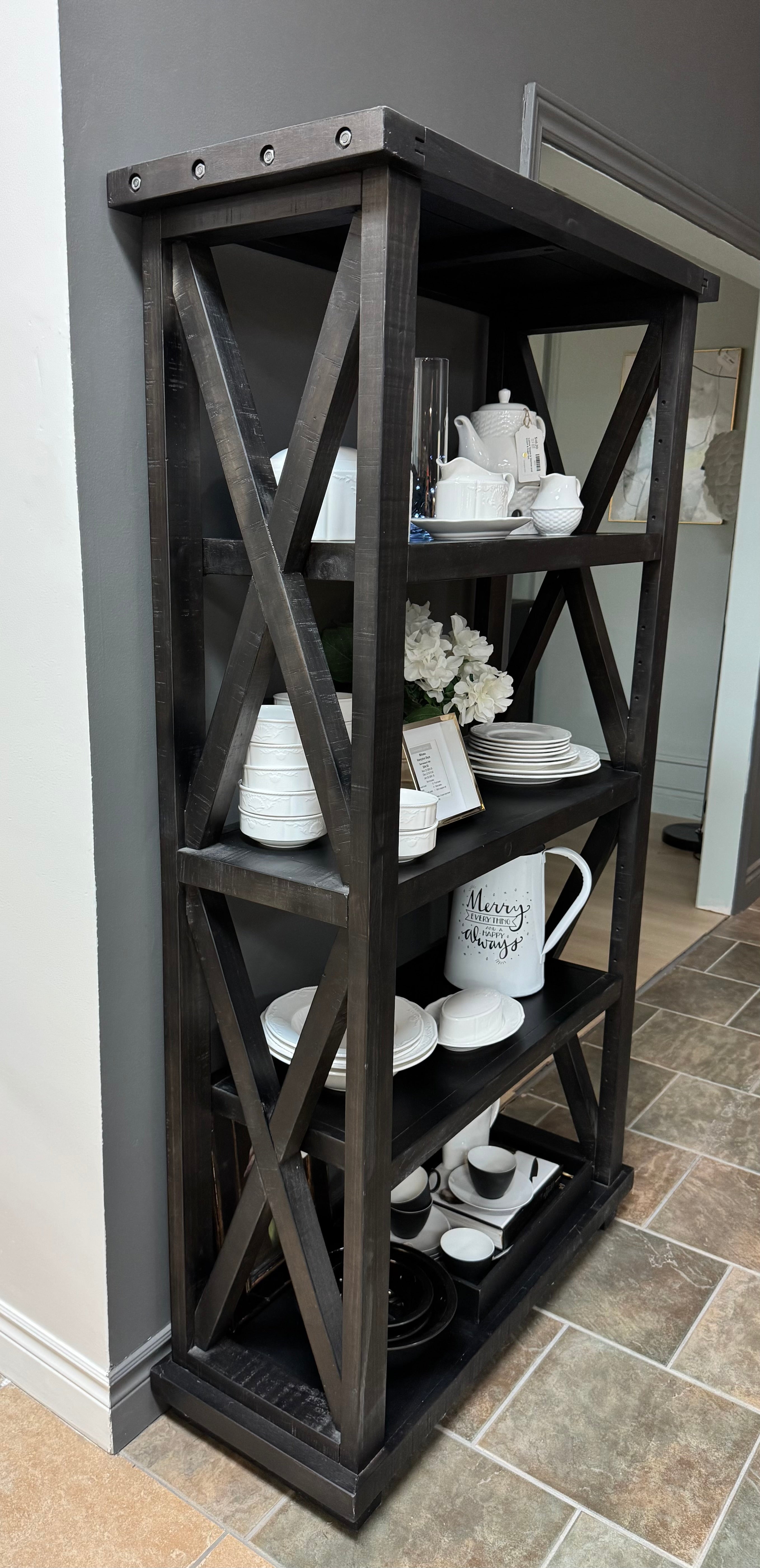 Criss Cross Black Distressed Pine Shelf (39"W x 15"D x 68"H)