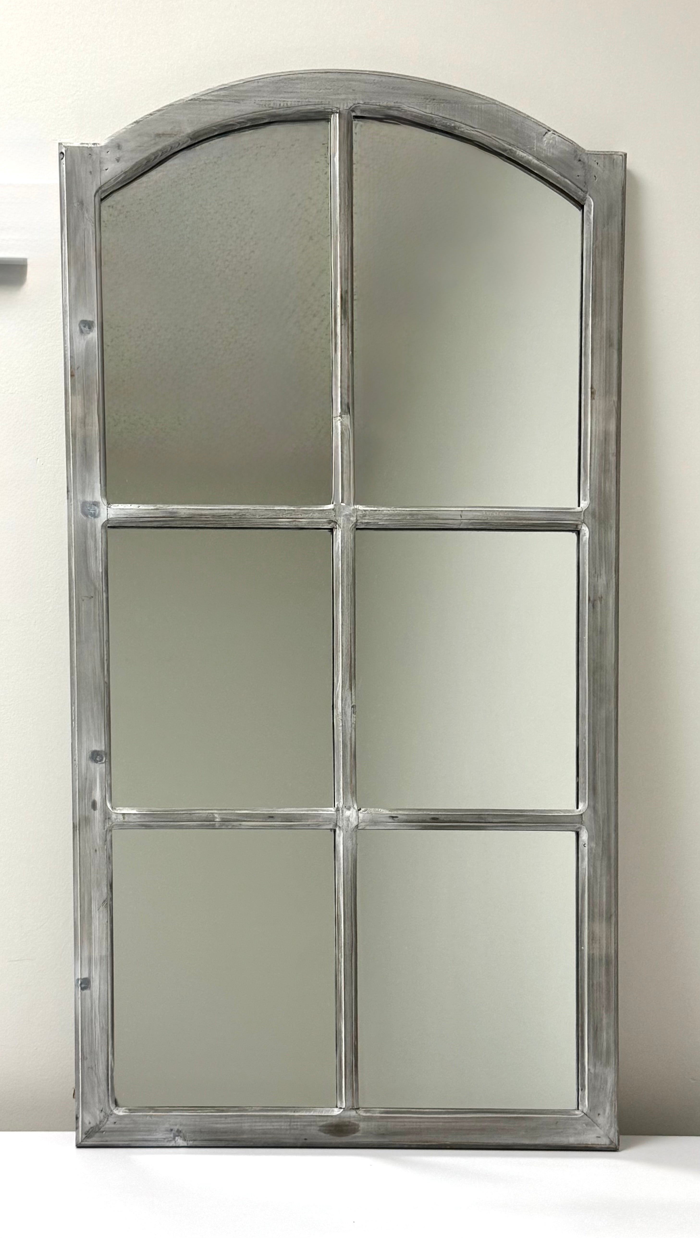 Distressed Gray Arch-top Windowpane Mirror