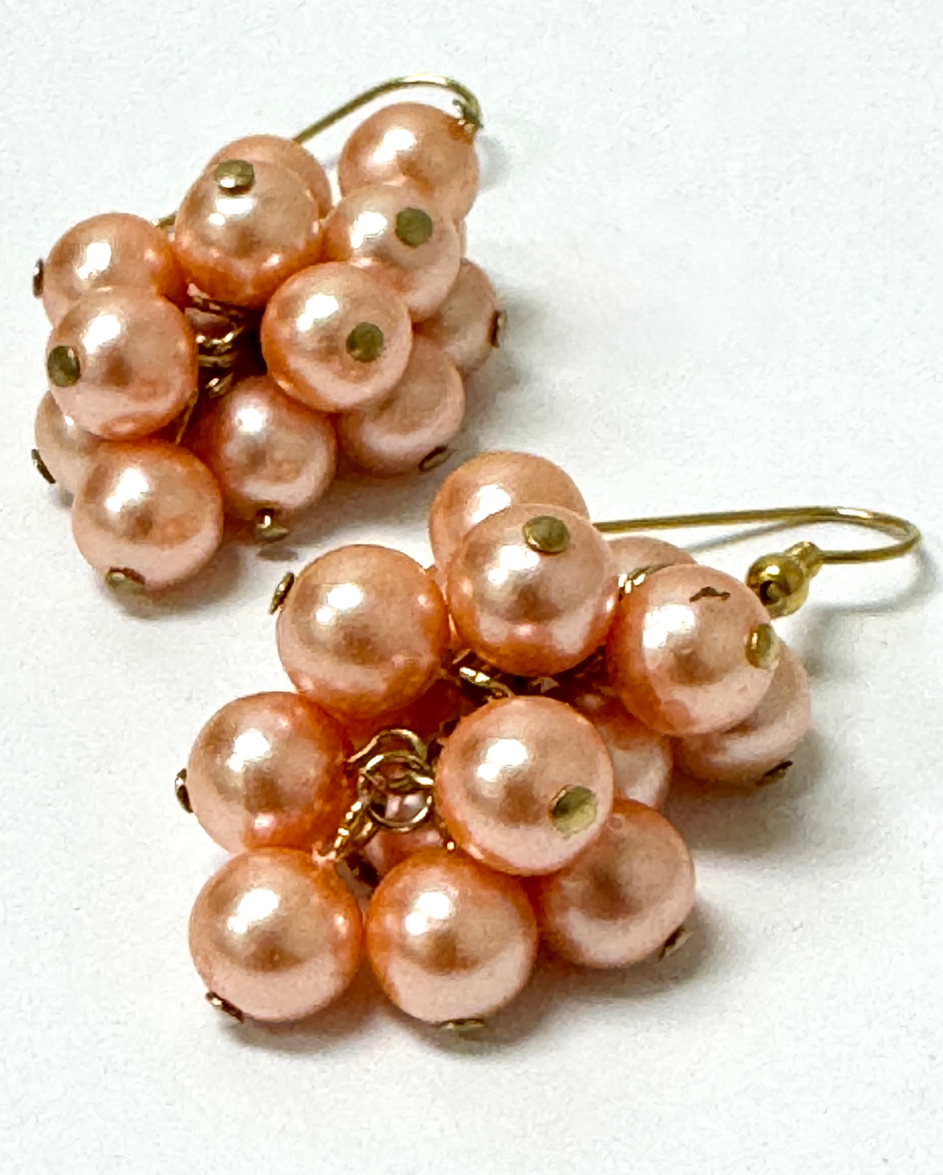 Vintage Light Pink Cluster Pearl Drop Earrings