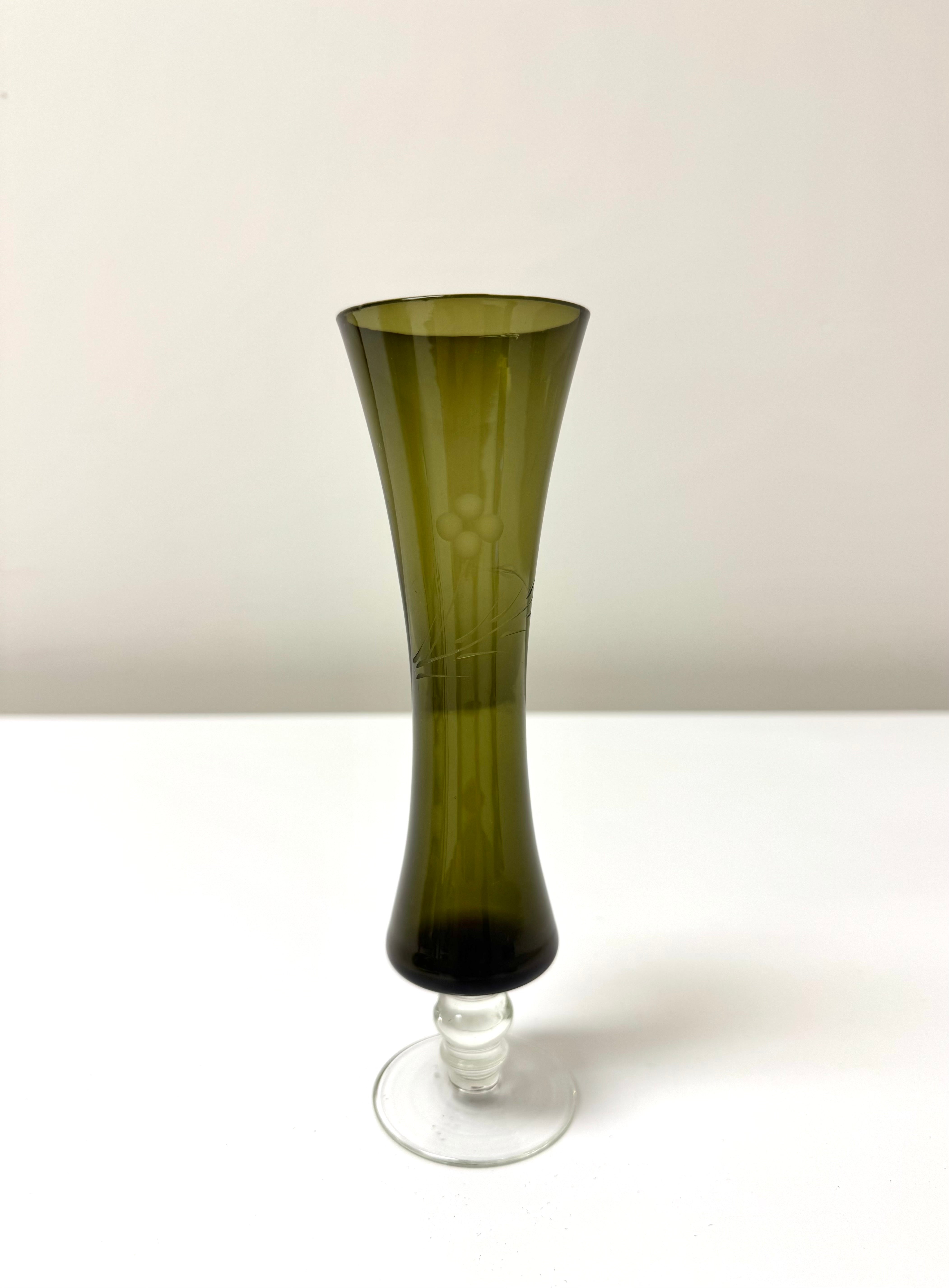Vintage Smoked Olive Green Etched Bud Vase