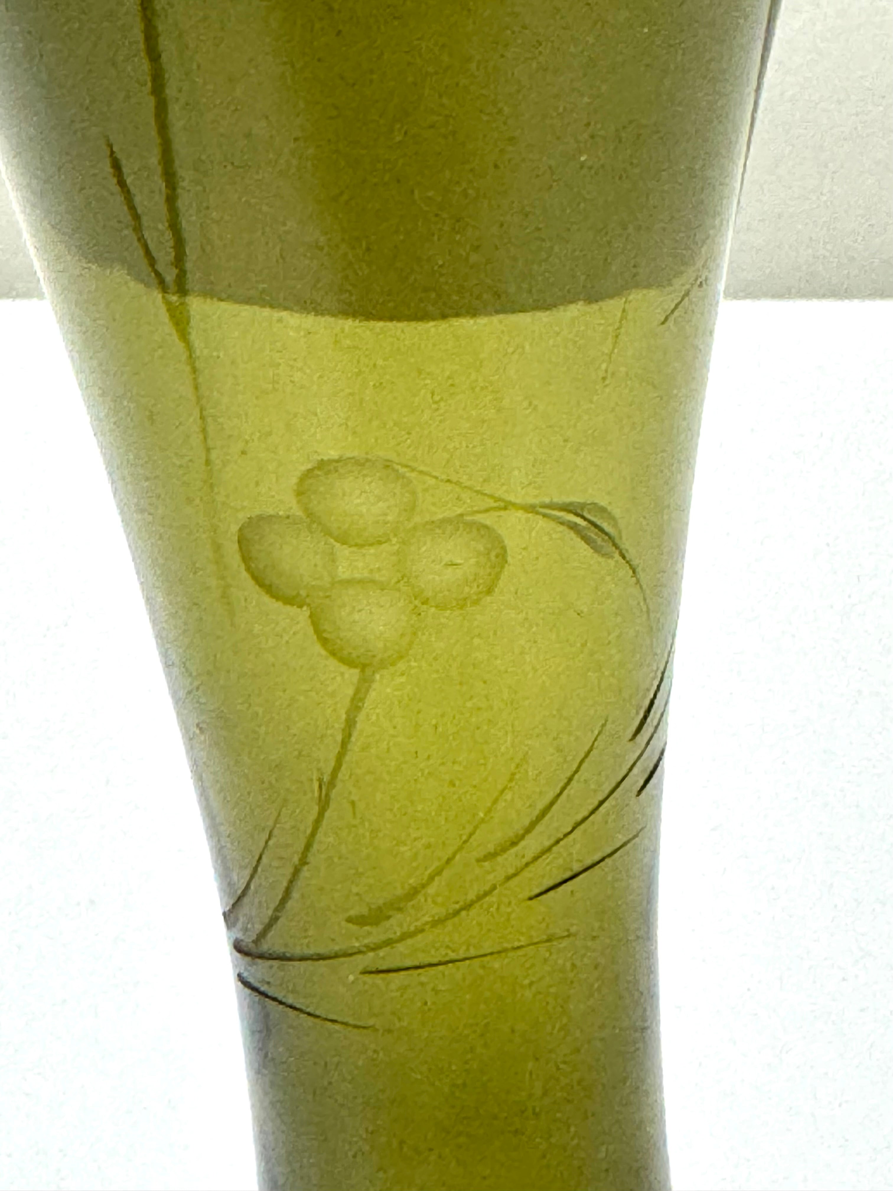 Vintage Smoked Olive Green Etched Bud Vase