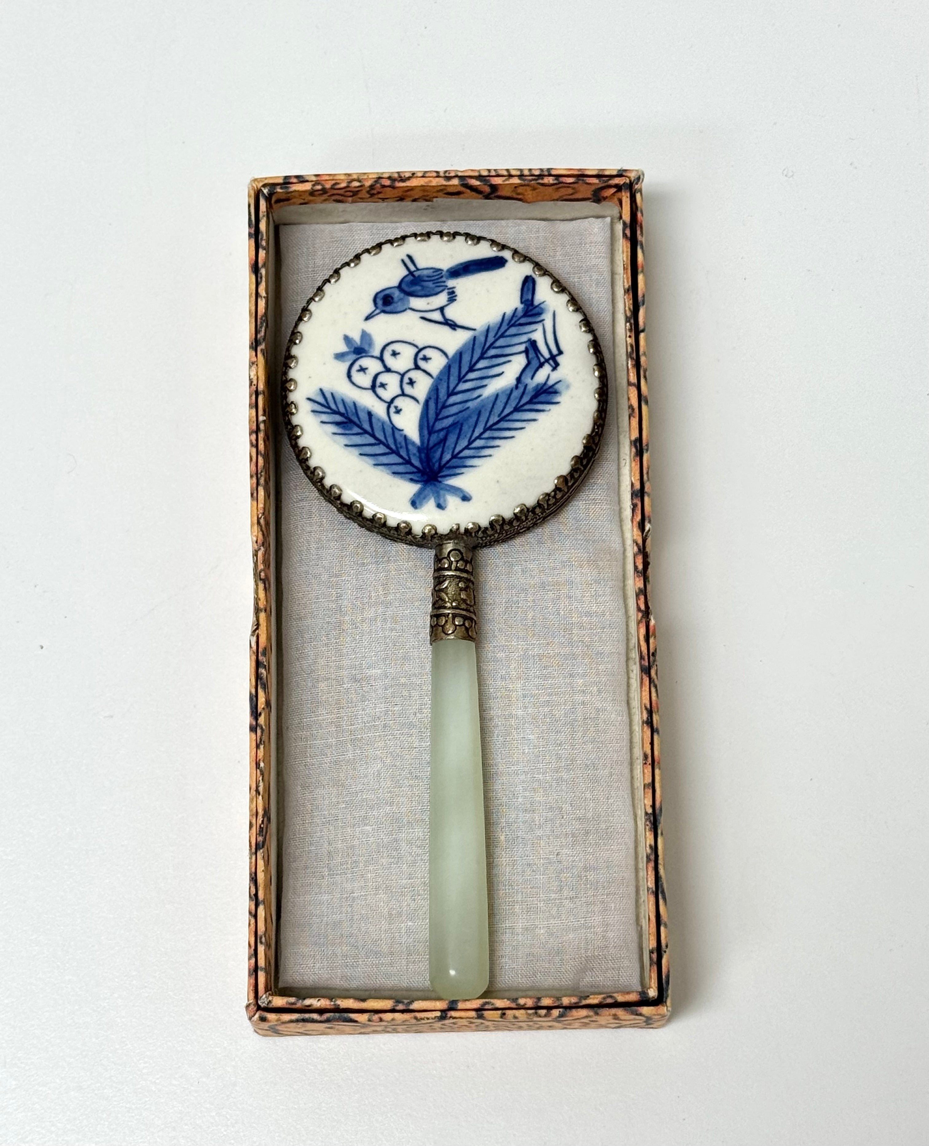 Vintage Porcelain Hand Mirror with Jade Handle