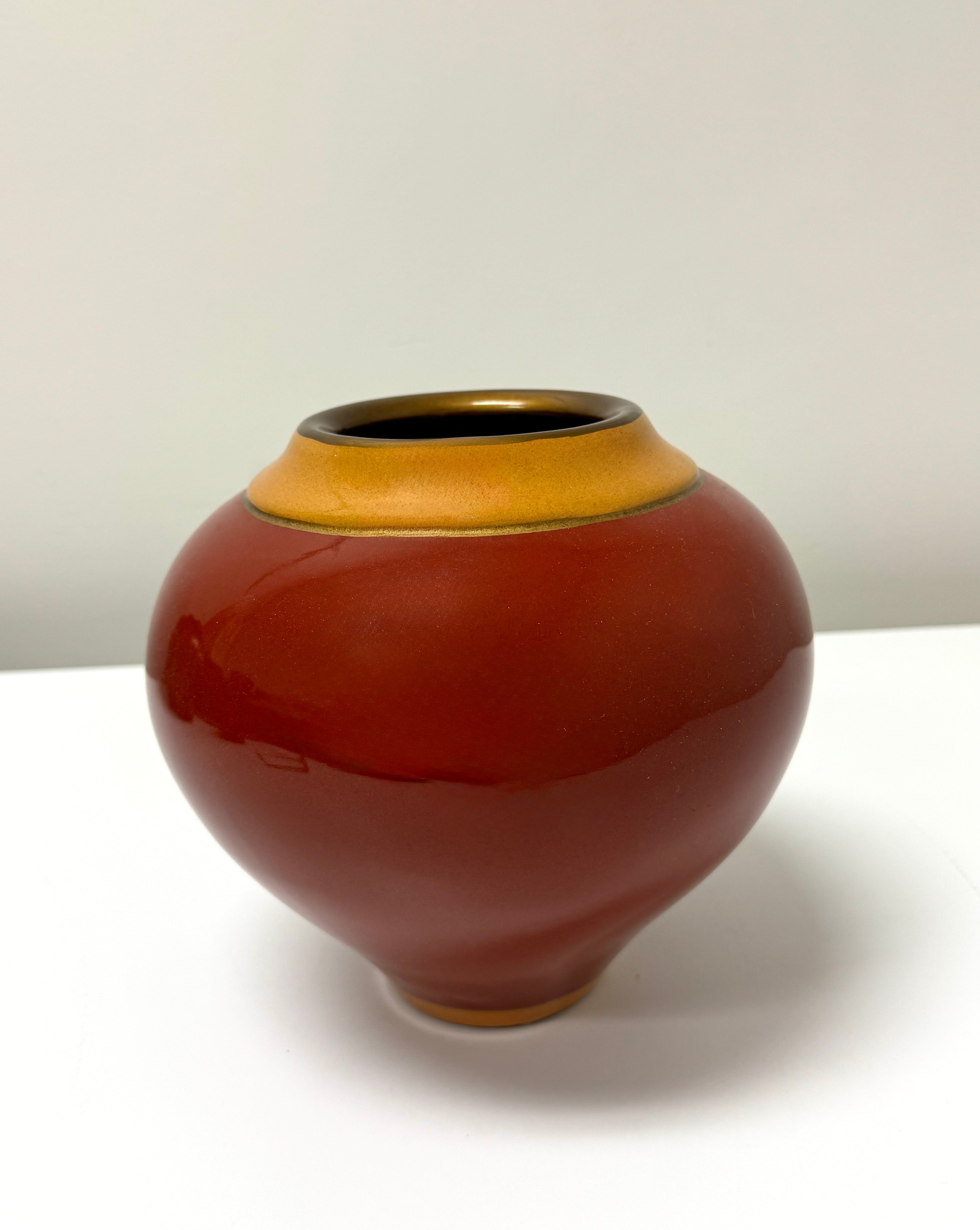 Red Ceramic Jar with Mustard Band
