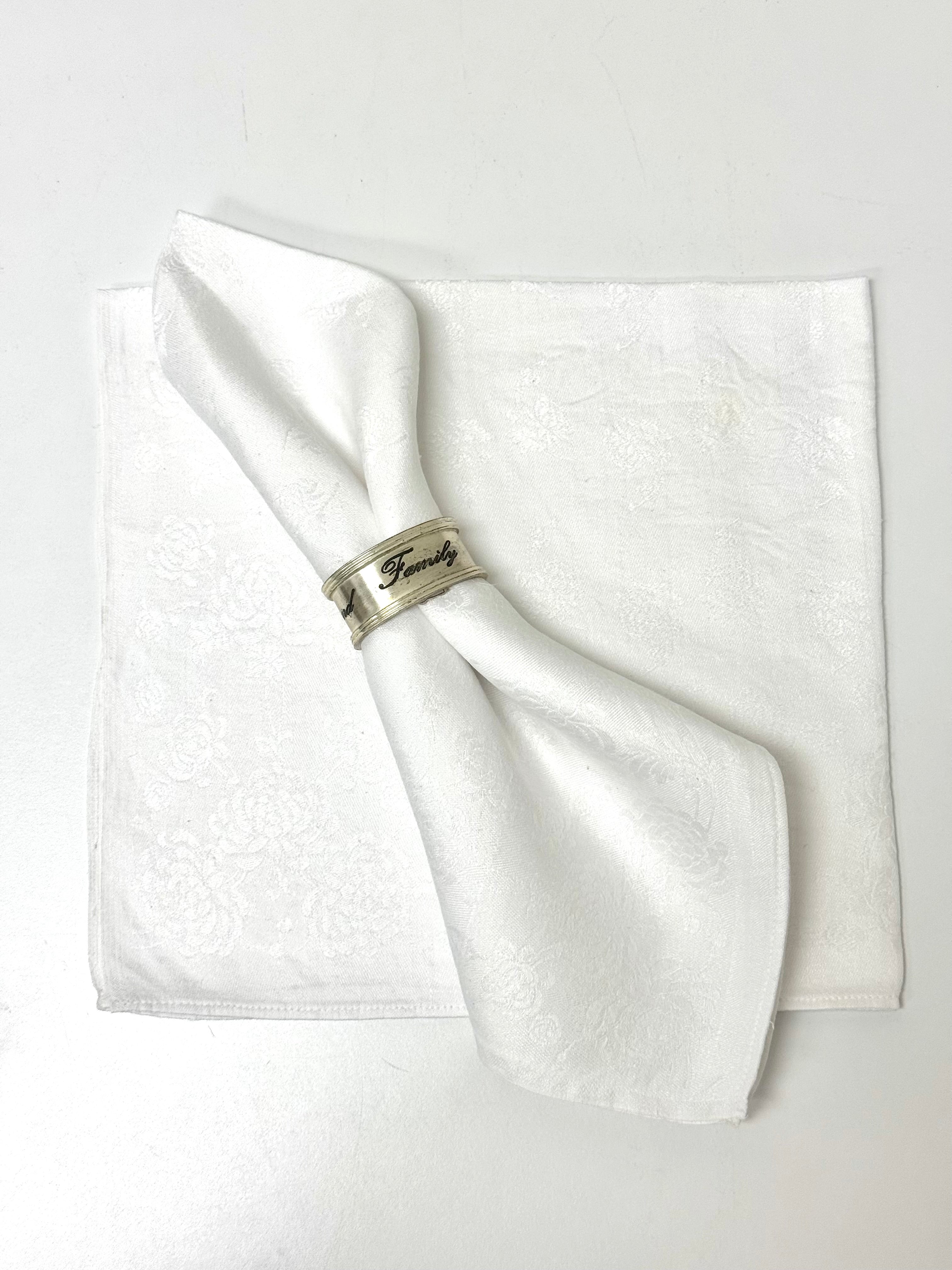 Vintage Rose Damask White Linen Napkins Set of 8