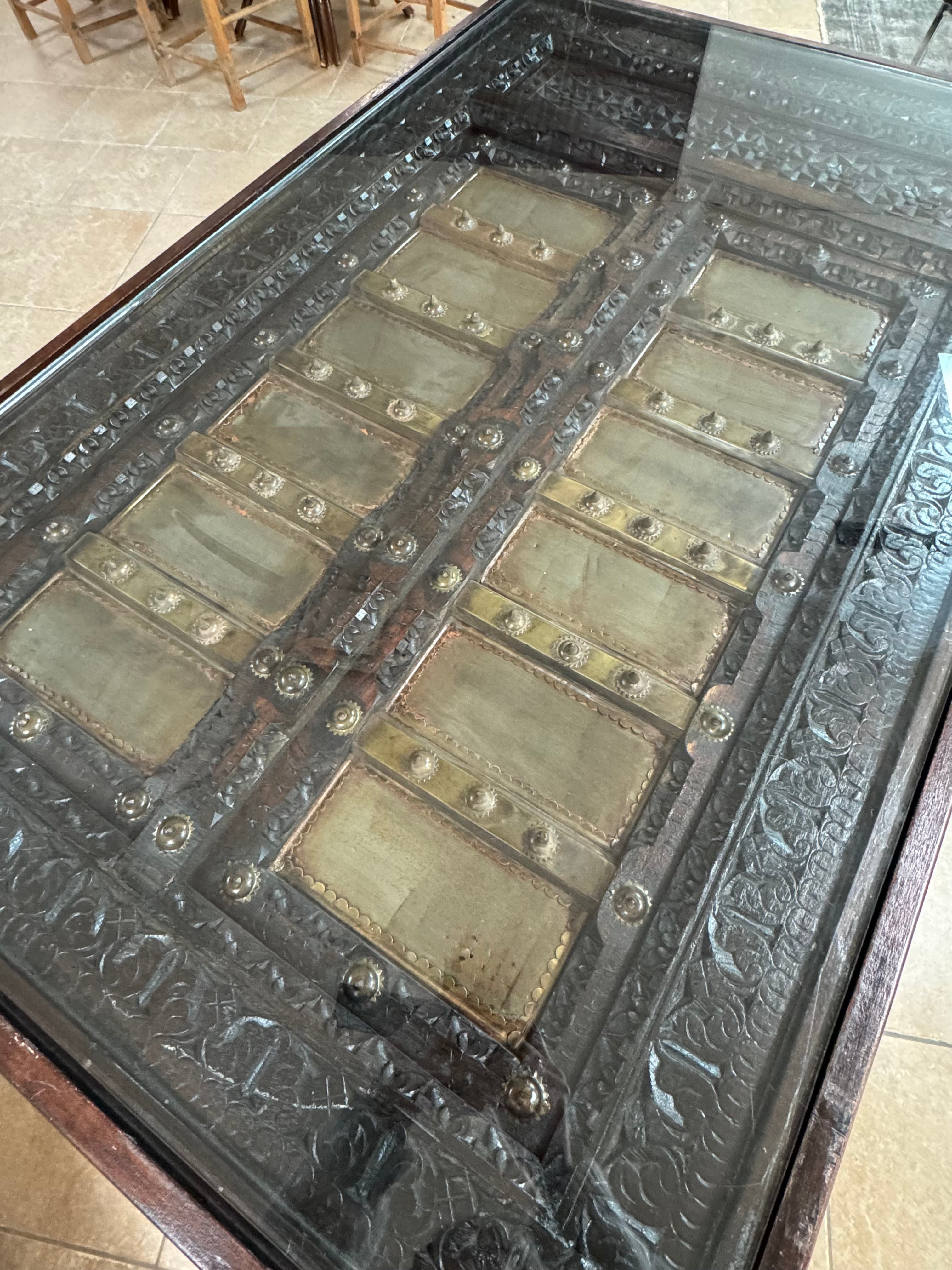 Hand-carved Indian Console Table with Glass Top