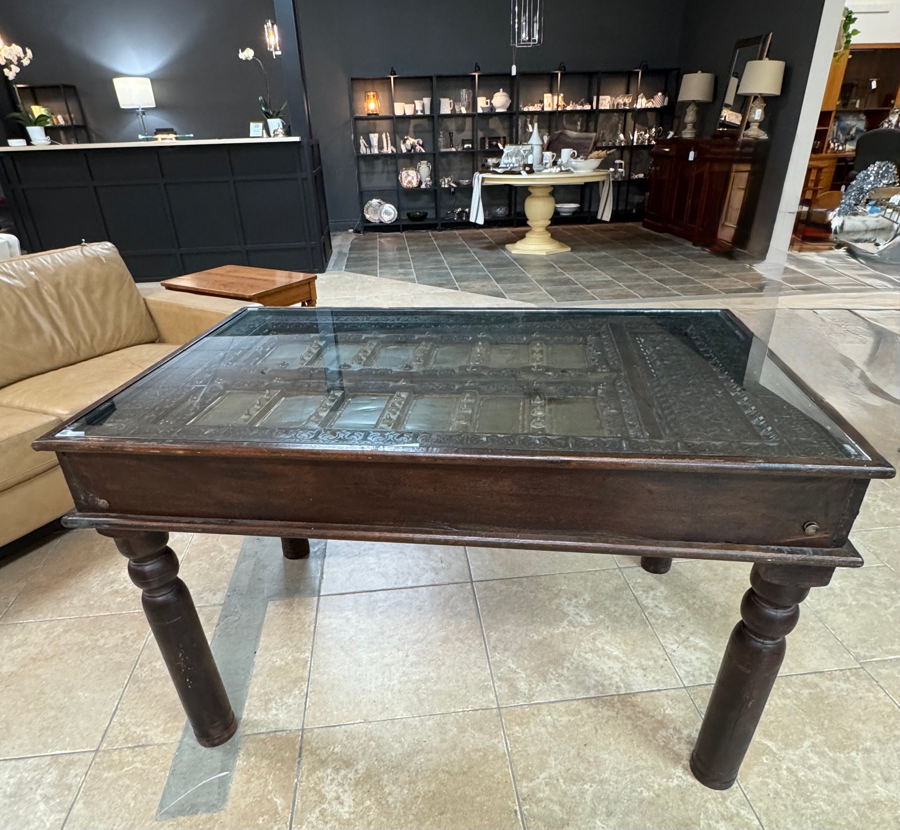 Hand-carved Indian Console Table with Glass Top