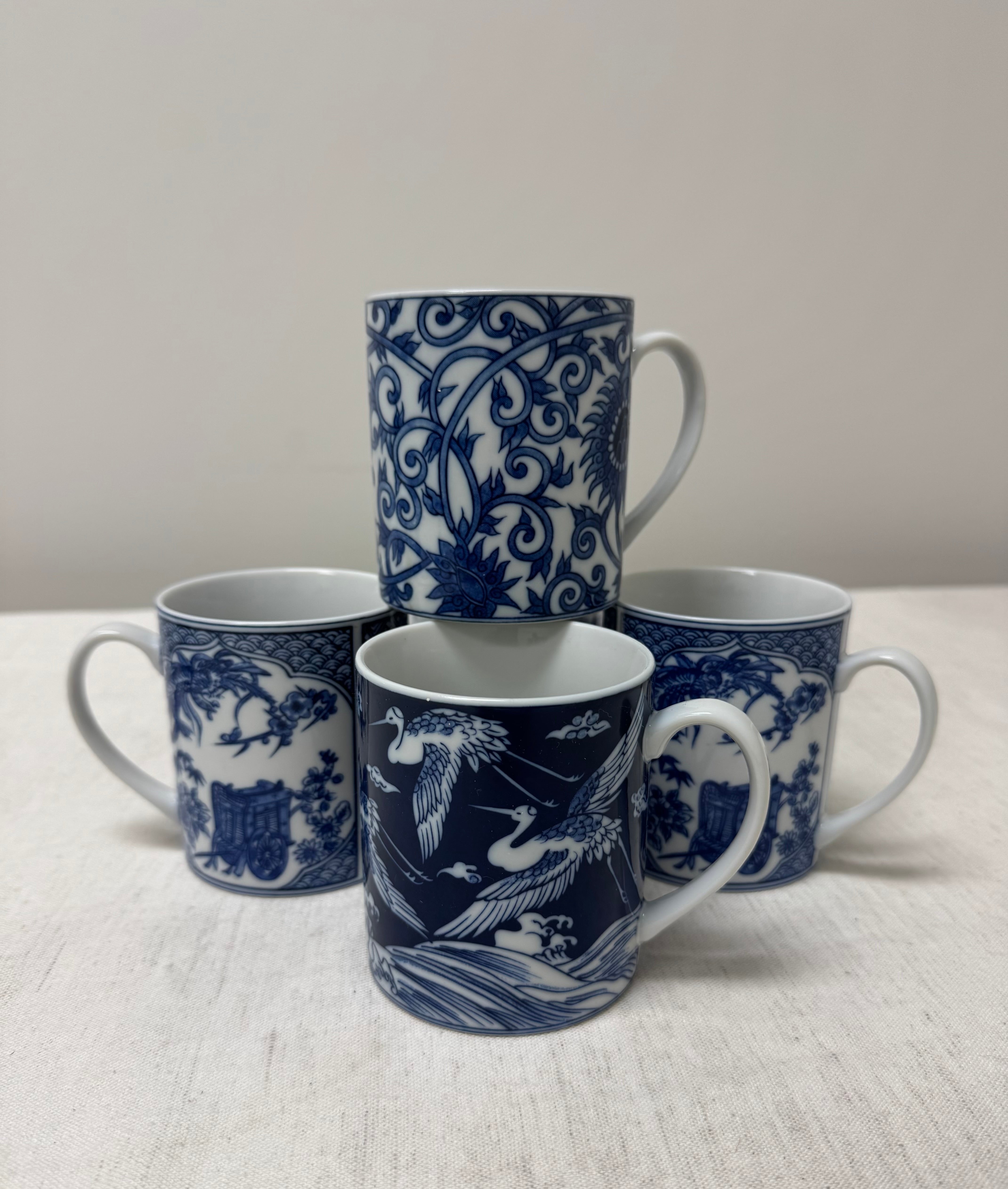 Vintage Blue & White Mugs Set of 5