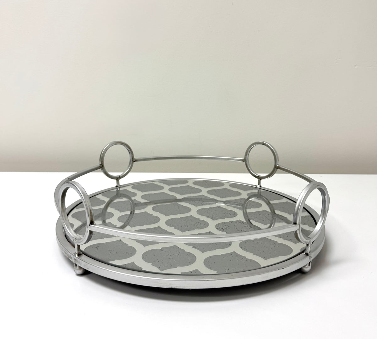 Matte Silver Quatrefoil Mirrored Gallery Tray