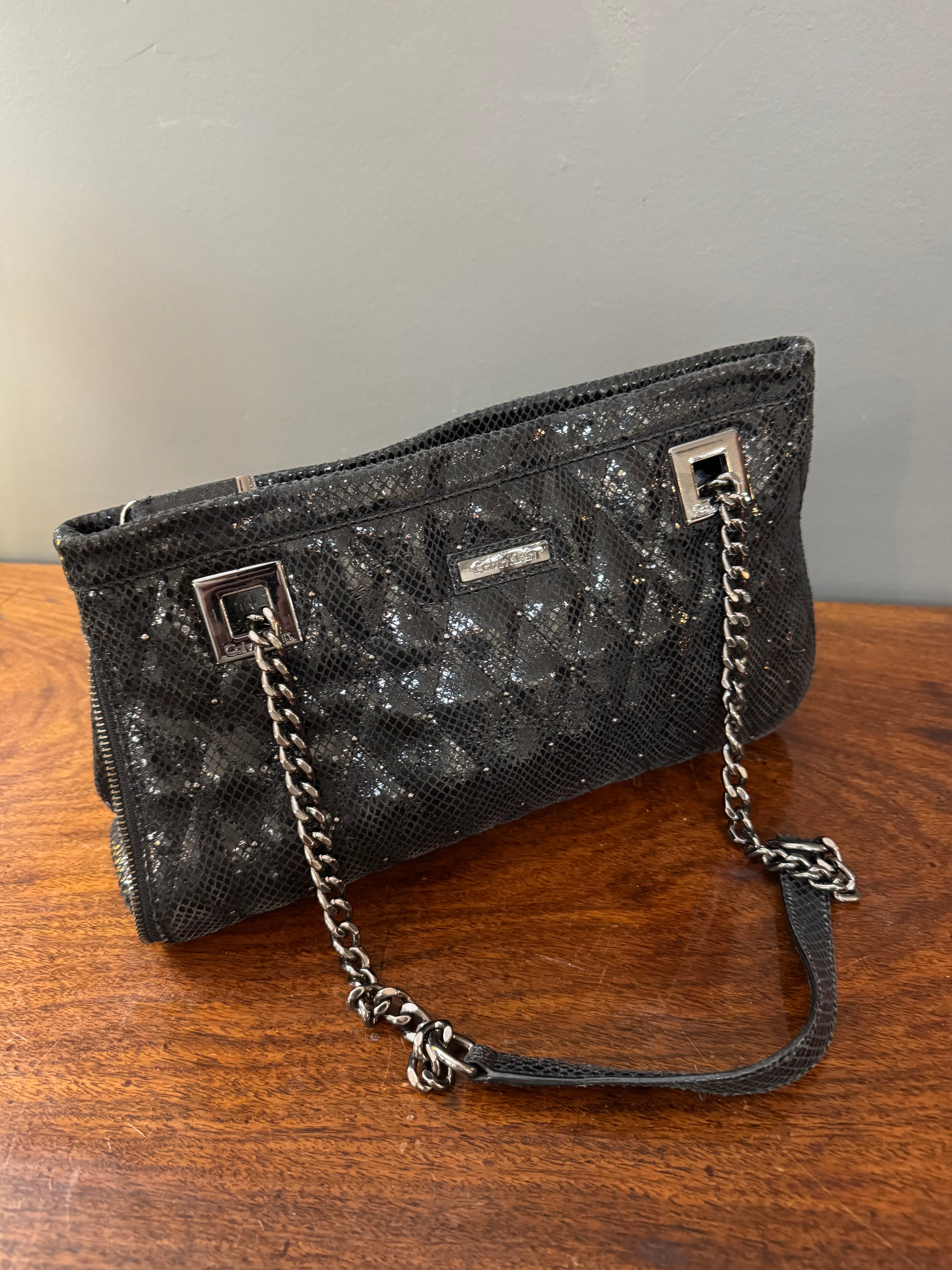 CALVIN KLEIN Black Quilted Faux Snakeskin Leather Shoulder Bag