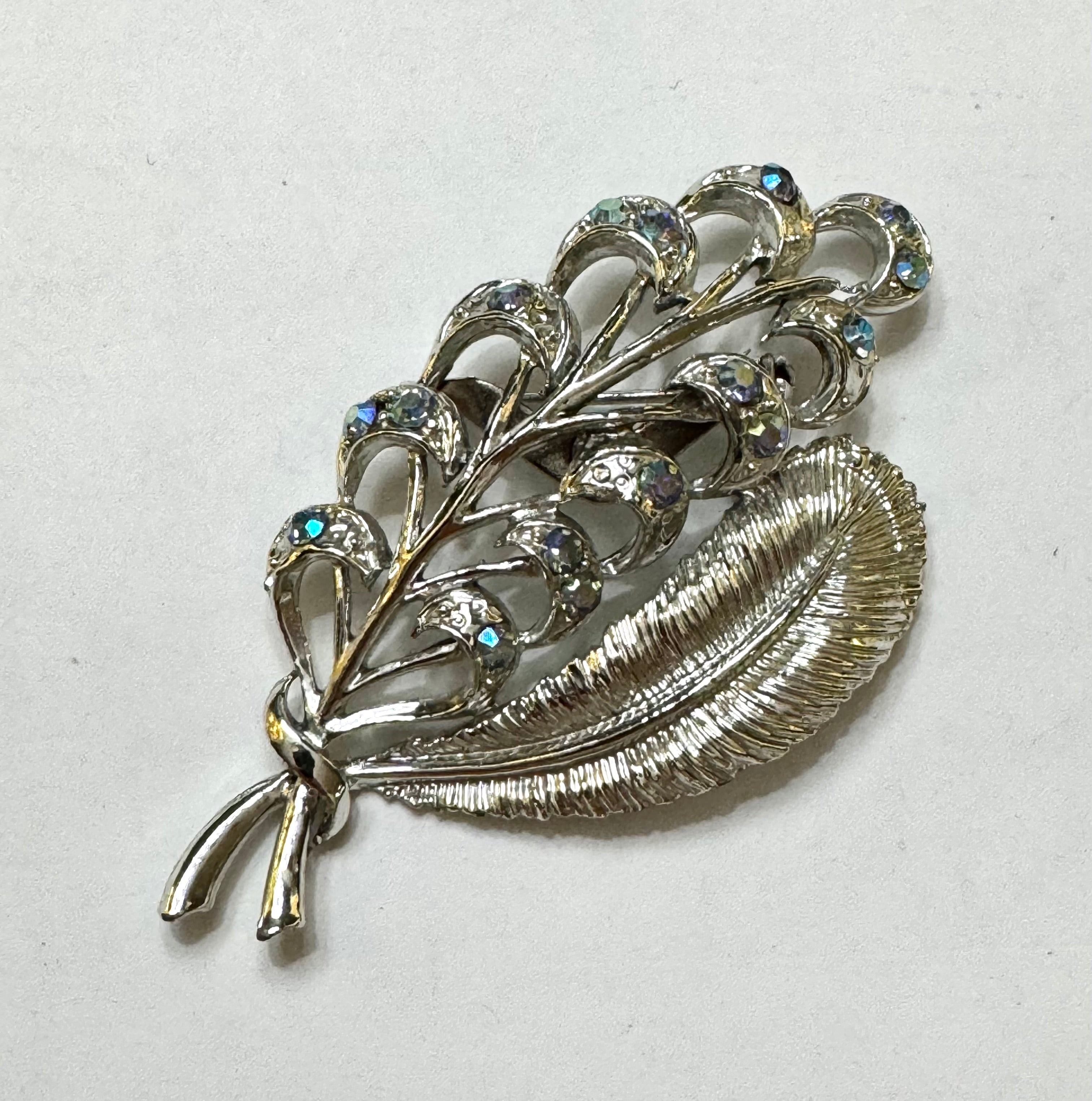 Vintage Silver-tone Aurora Borealis Leaf Brooch