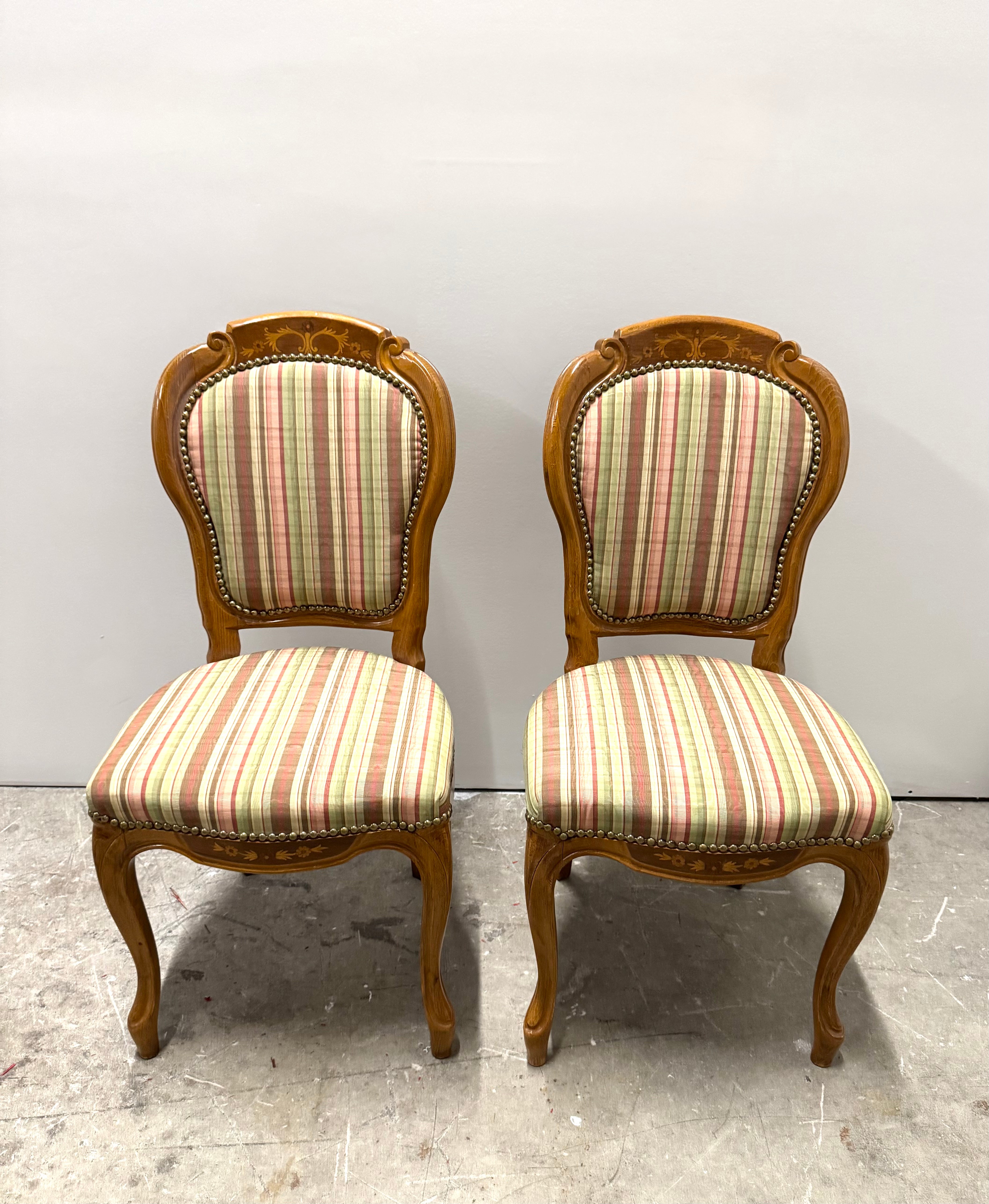 Louis XV Style Plaid Moire Dining Chairs Set of 2