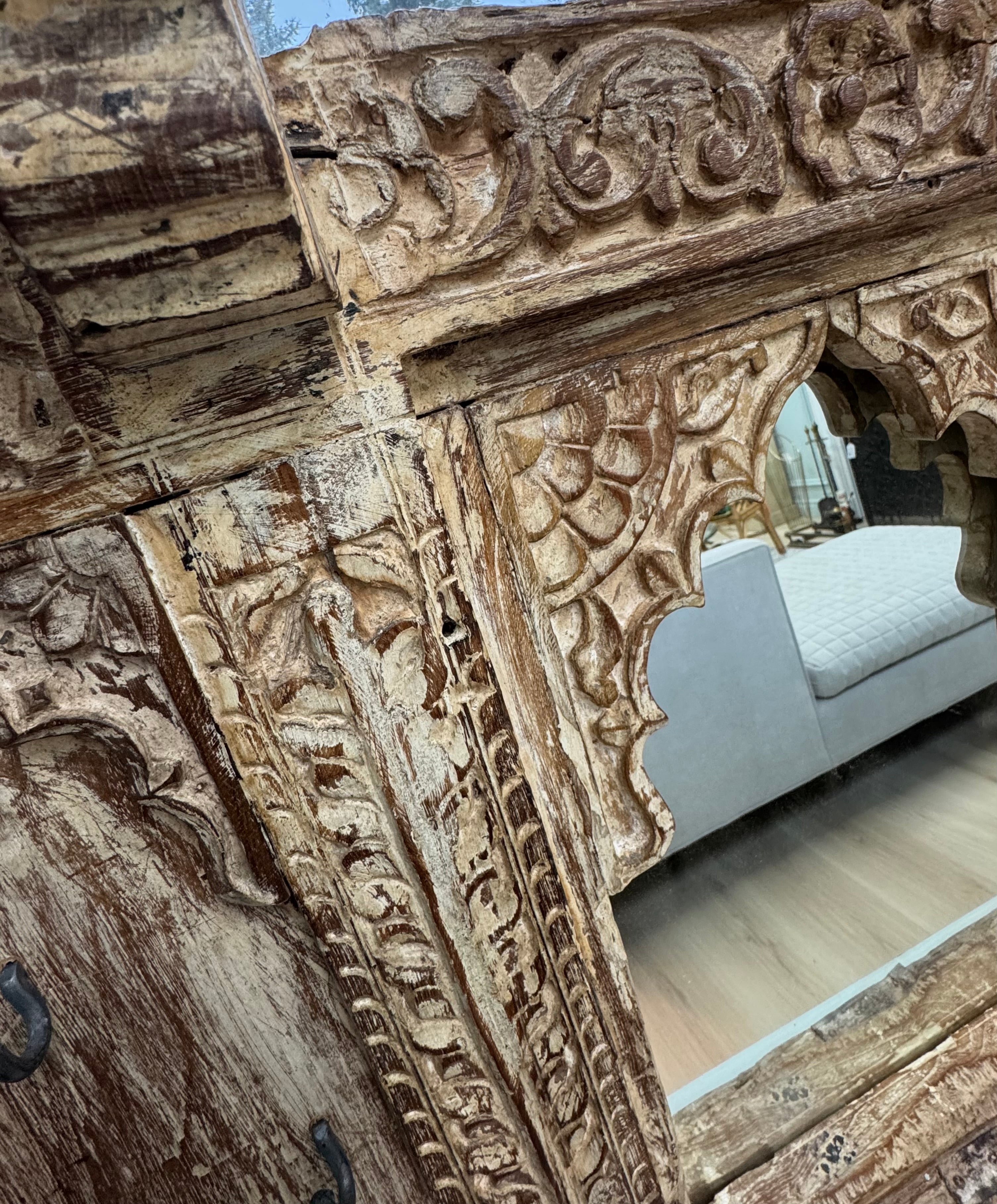 Hand-carved Indian Mirror with Iron Hooks