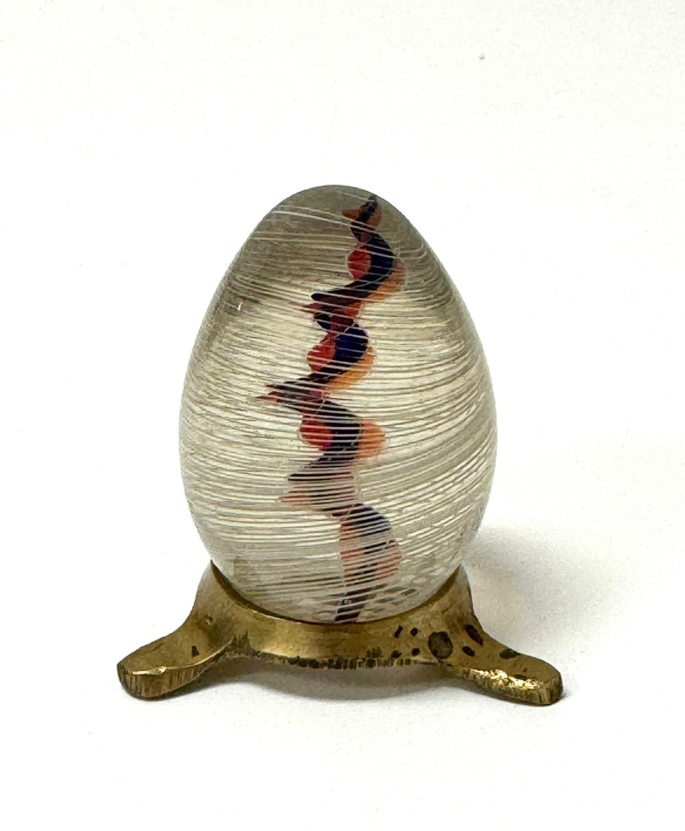 Vintage Art Glass Latticinio Swirl Egg on Brass Base|4037
