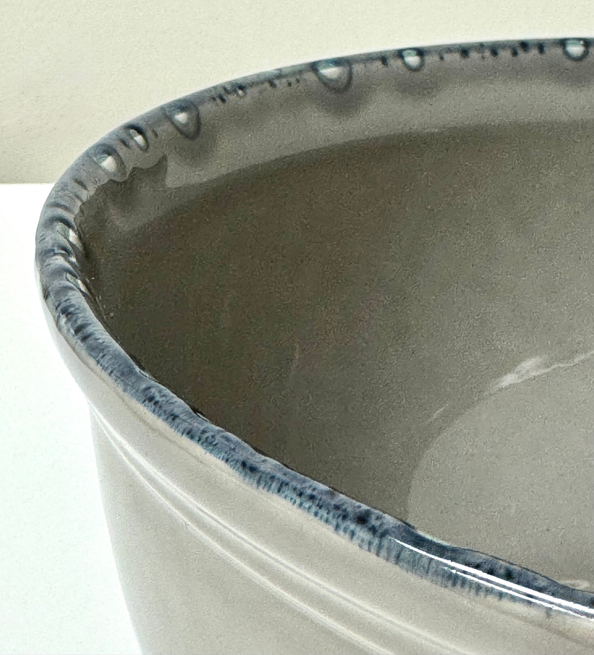 Gray Gloss Ceramic Bowl with Blue Drip Rim