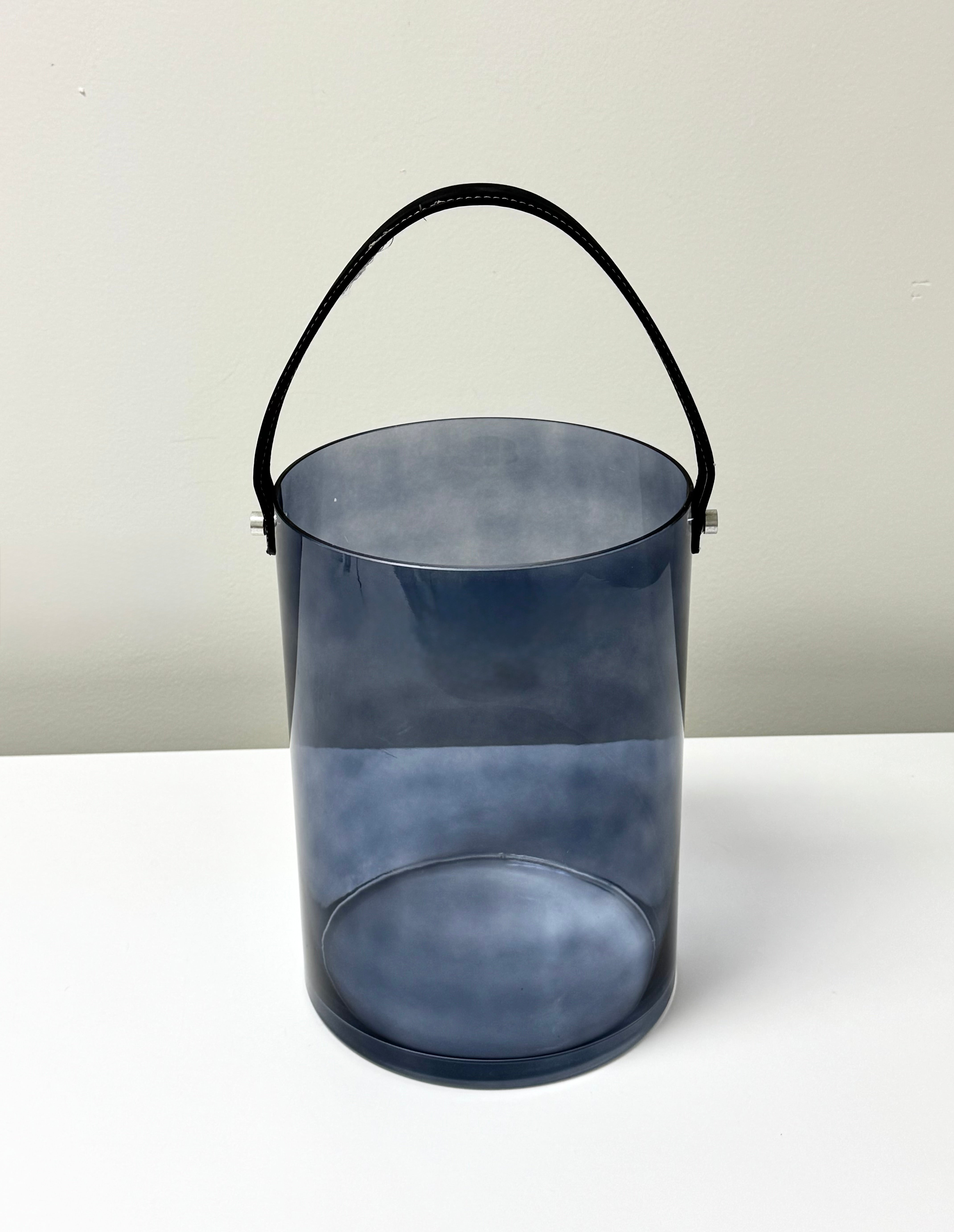 Smoky Blue Glass Bucket with Leather Handle