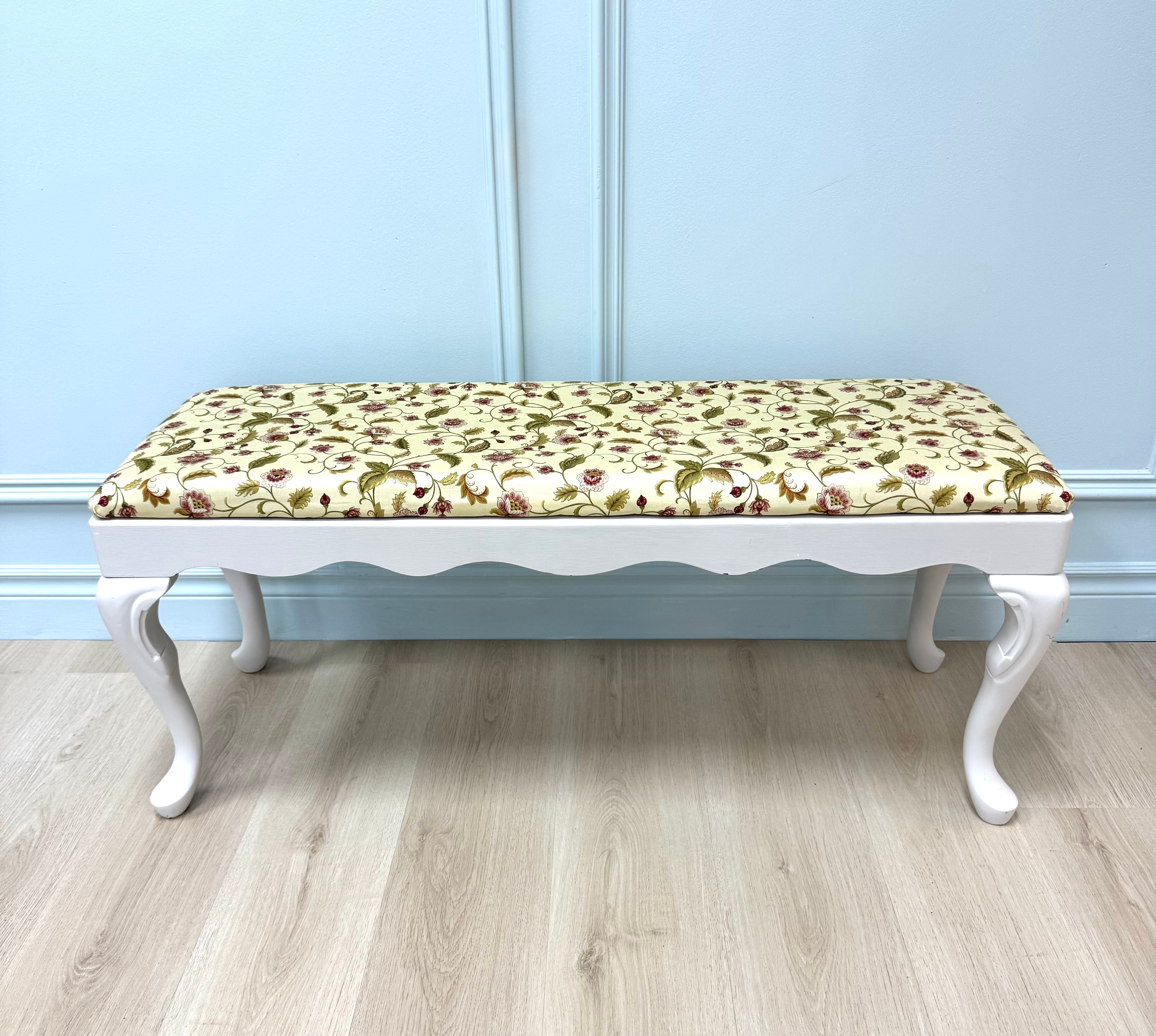 White Bench with Pale Yellow Floral Silk Seat