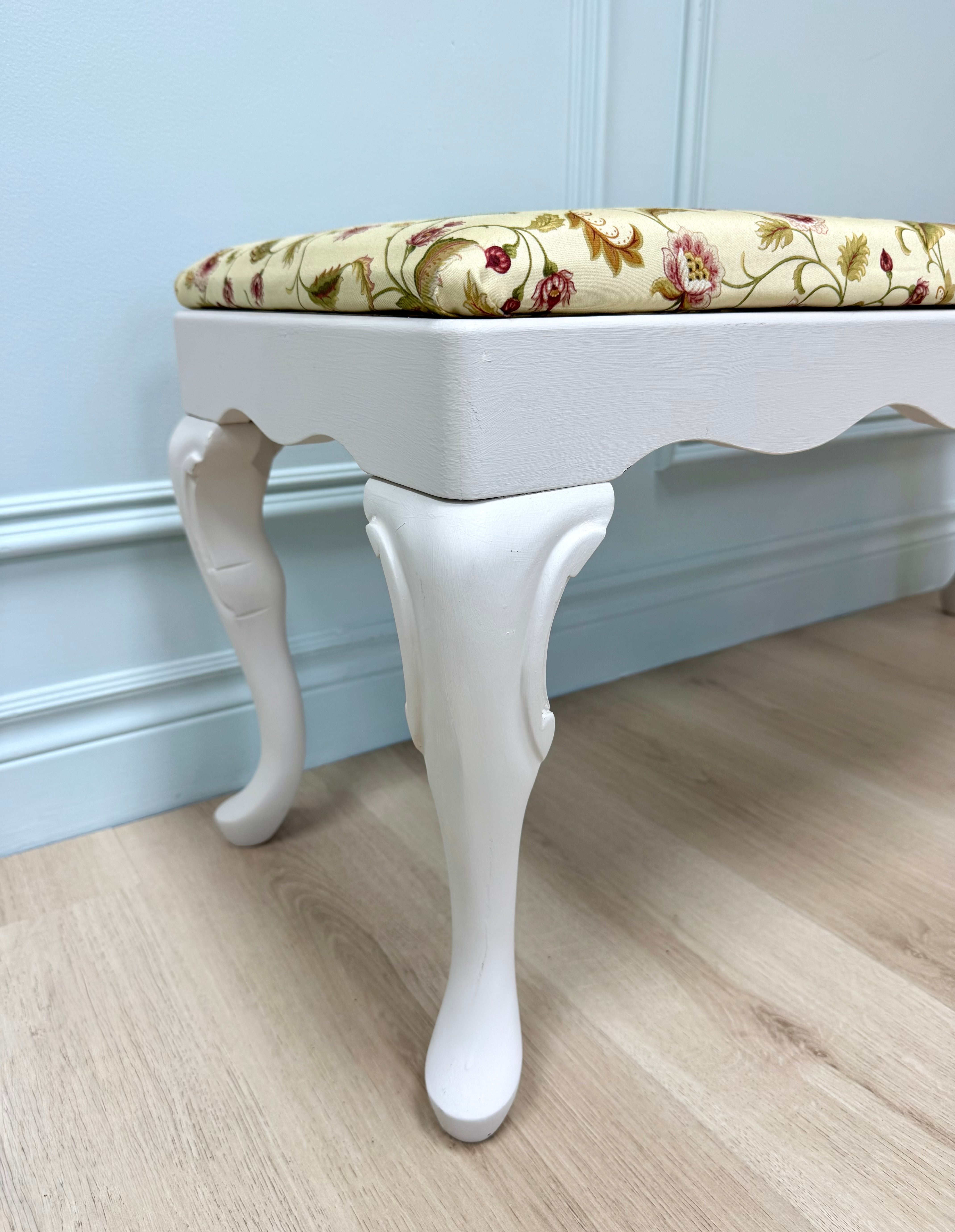 White Bench with Pale Yellow Floral Silk Seat