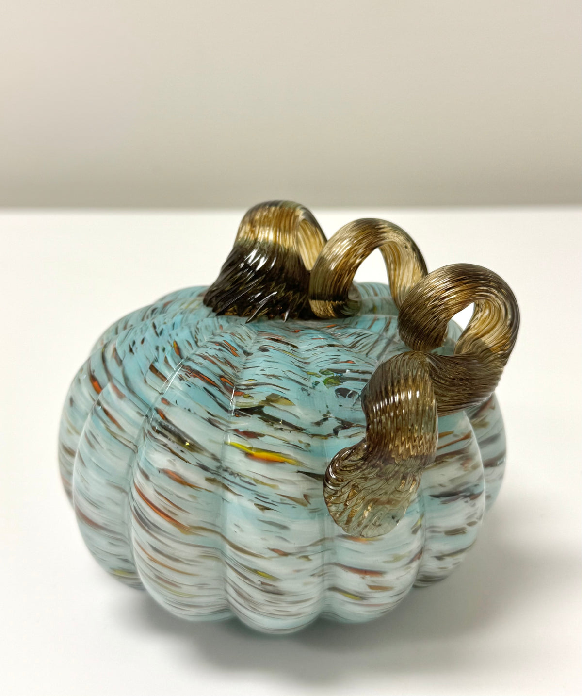 Light Blue & Brown Swirl Art Glass Pumpkin
