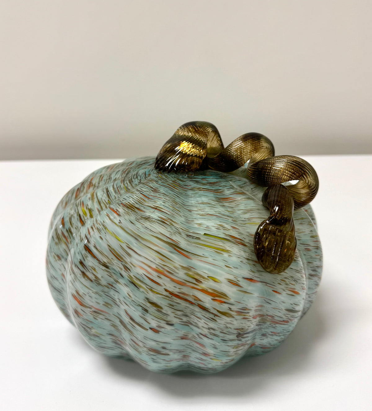 Light Blue & Brown Swirl Art Glass Pumpkin
