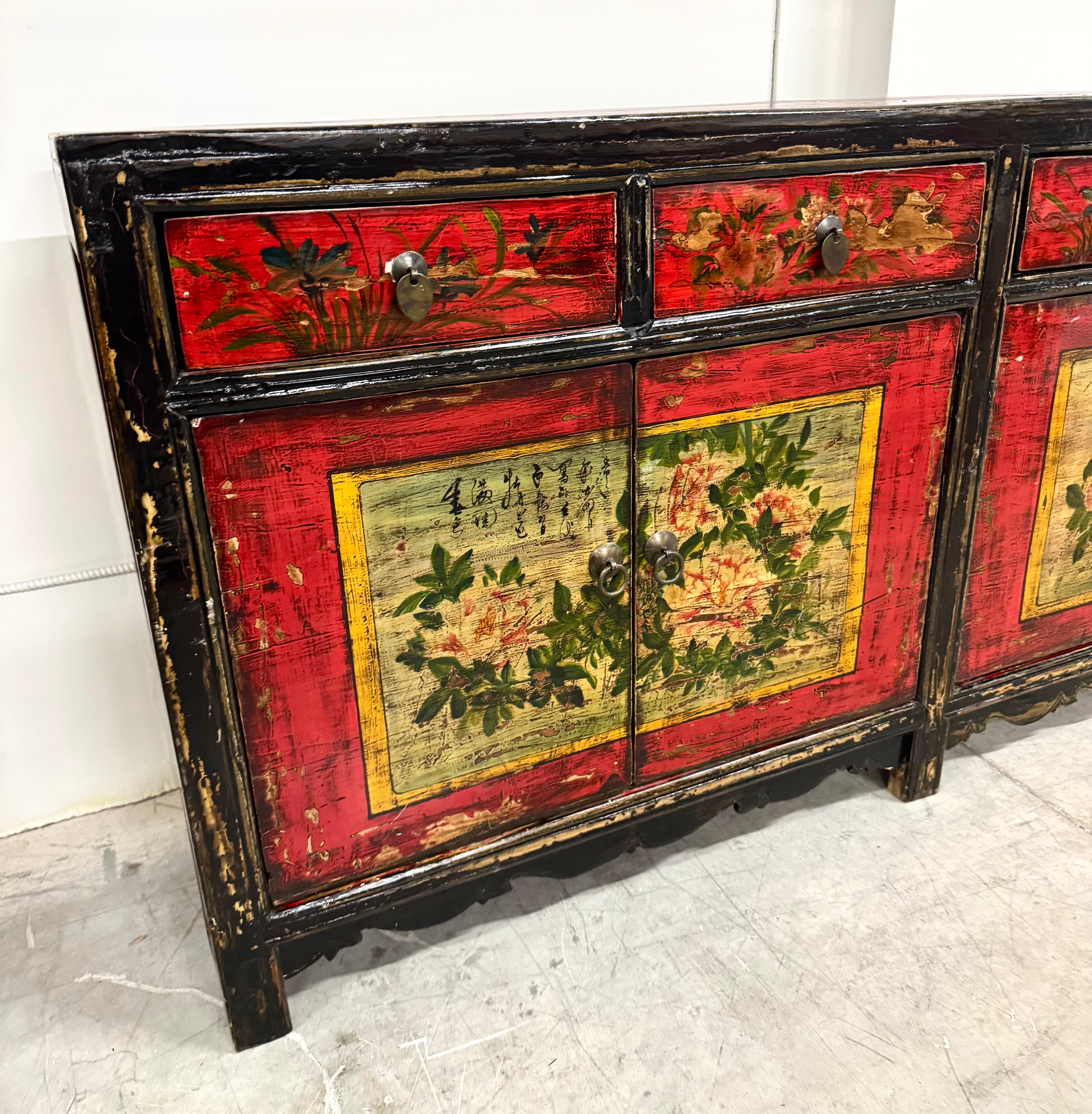 Rustic Asian Hand-painted Sideboard