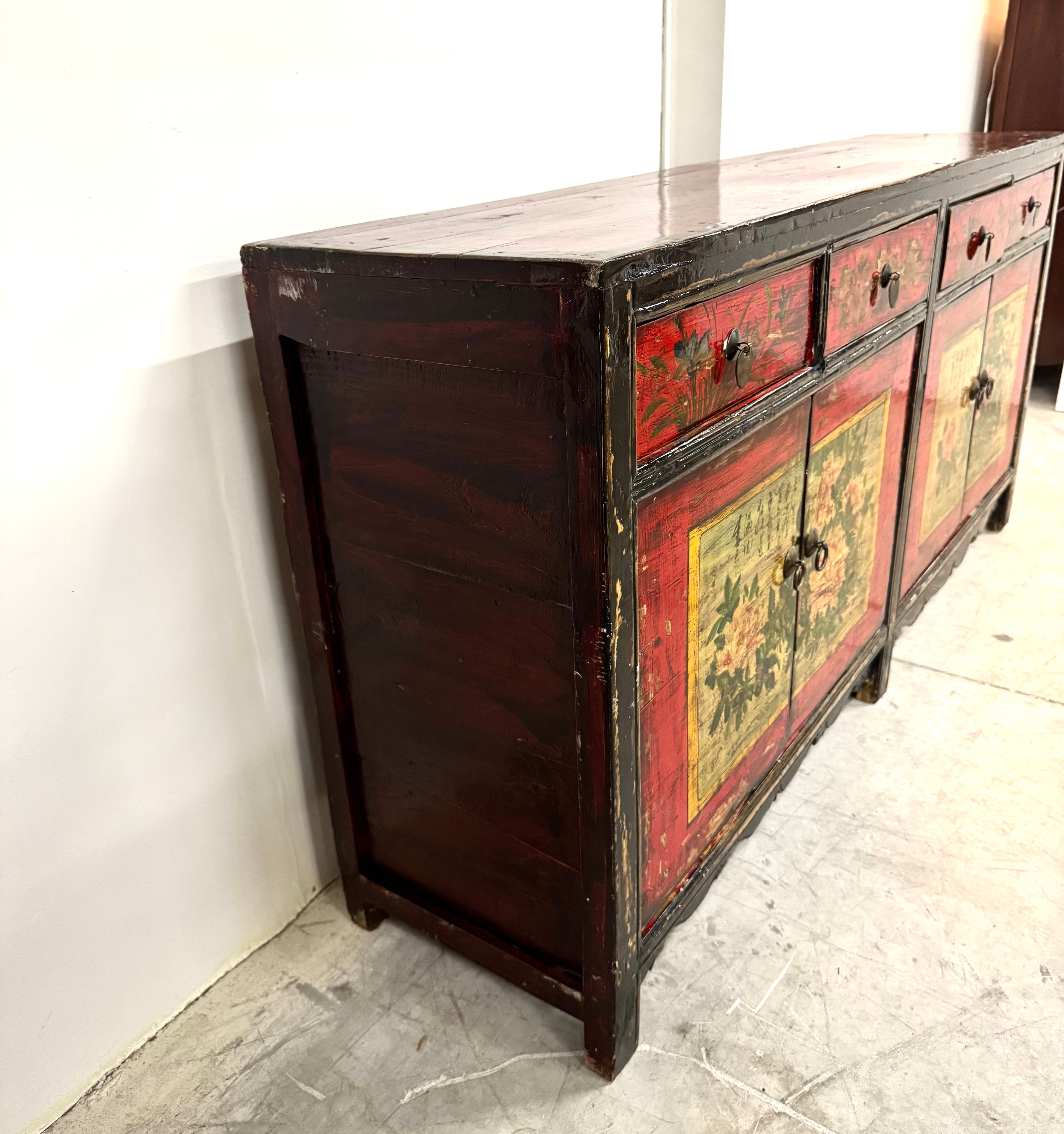 Rustic Asian Hand-painted Sideboard