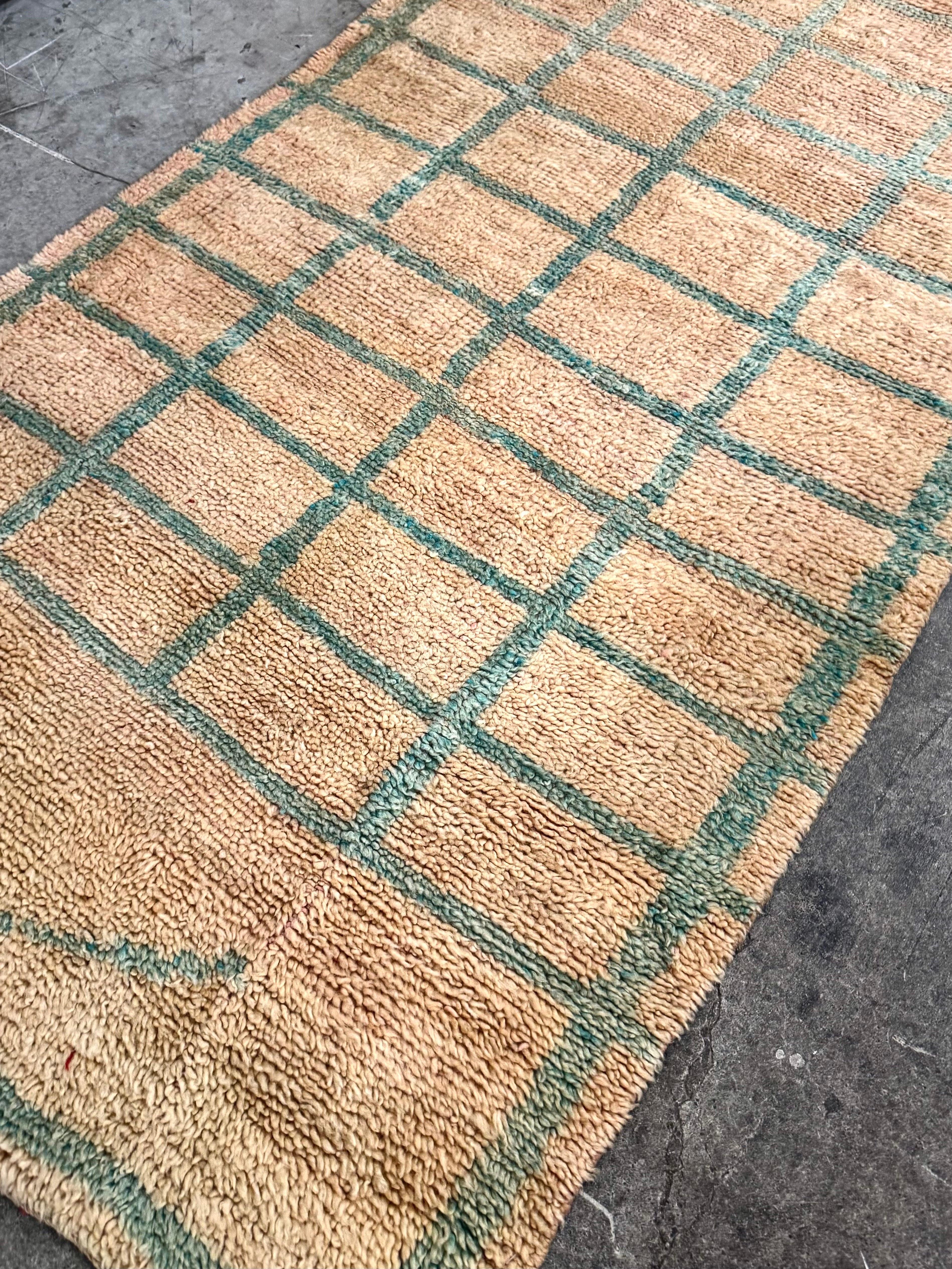 Natural Berber 12' x 4' Runner with Teal Grid
