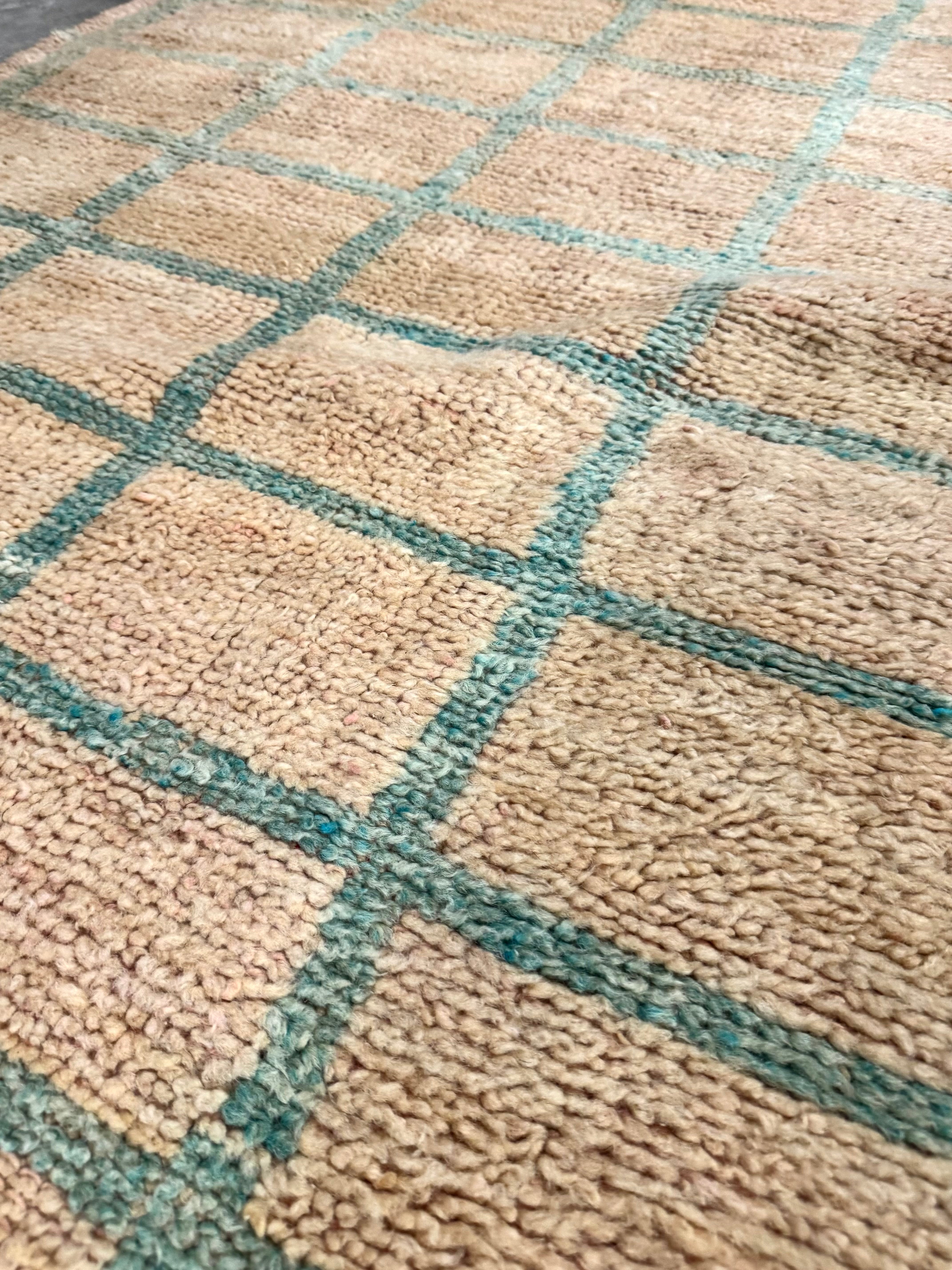 Natural Berber 12' x 4' Runner with Teal Grid