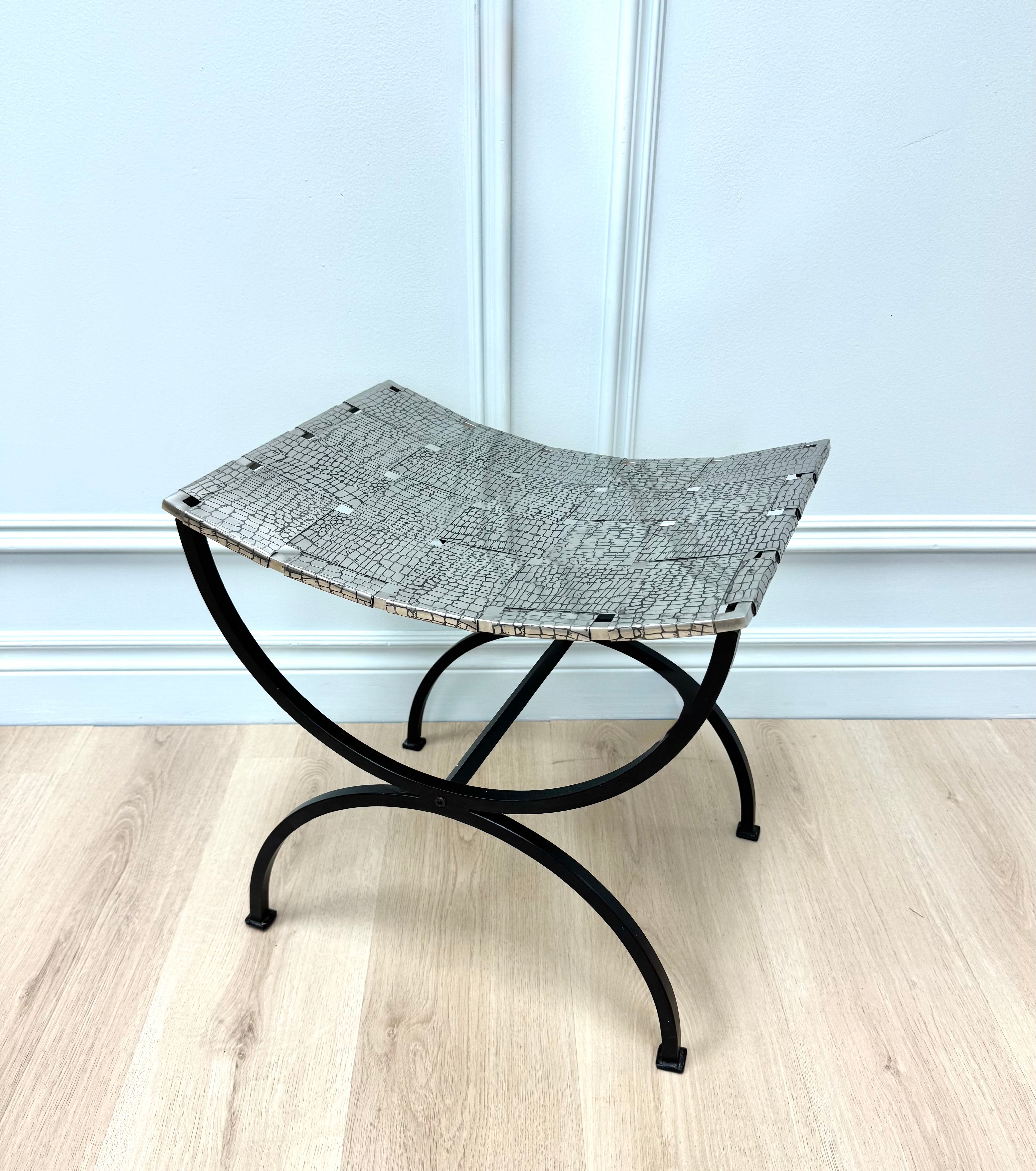 Black Iron Stool with Woven Metal Seat
