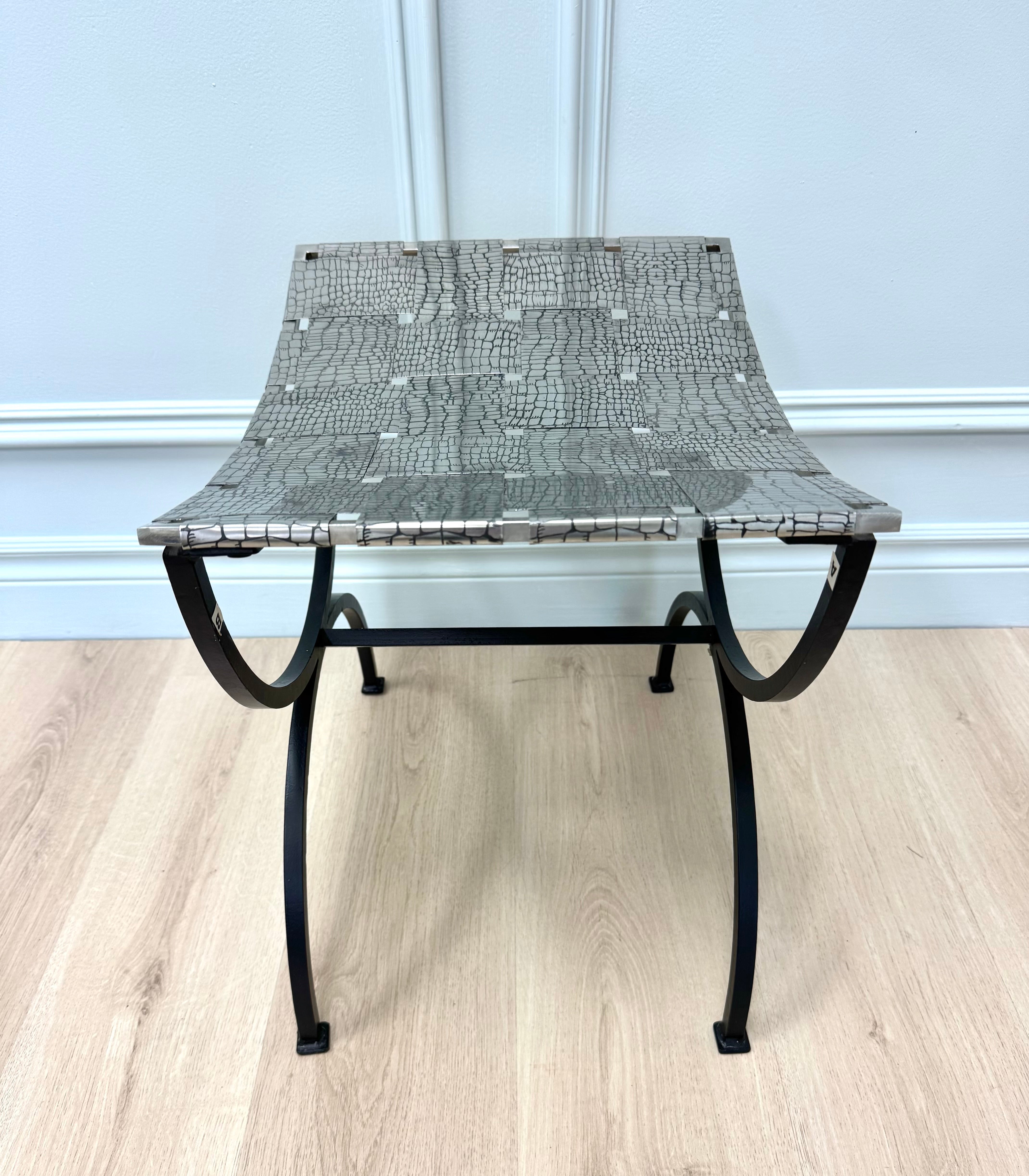 Black Iron Stool with Woven Metal Seat