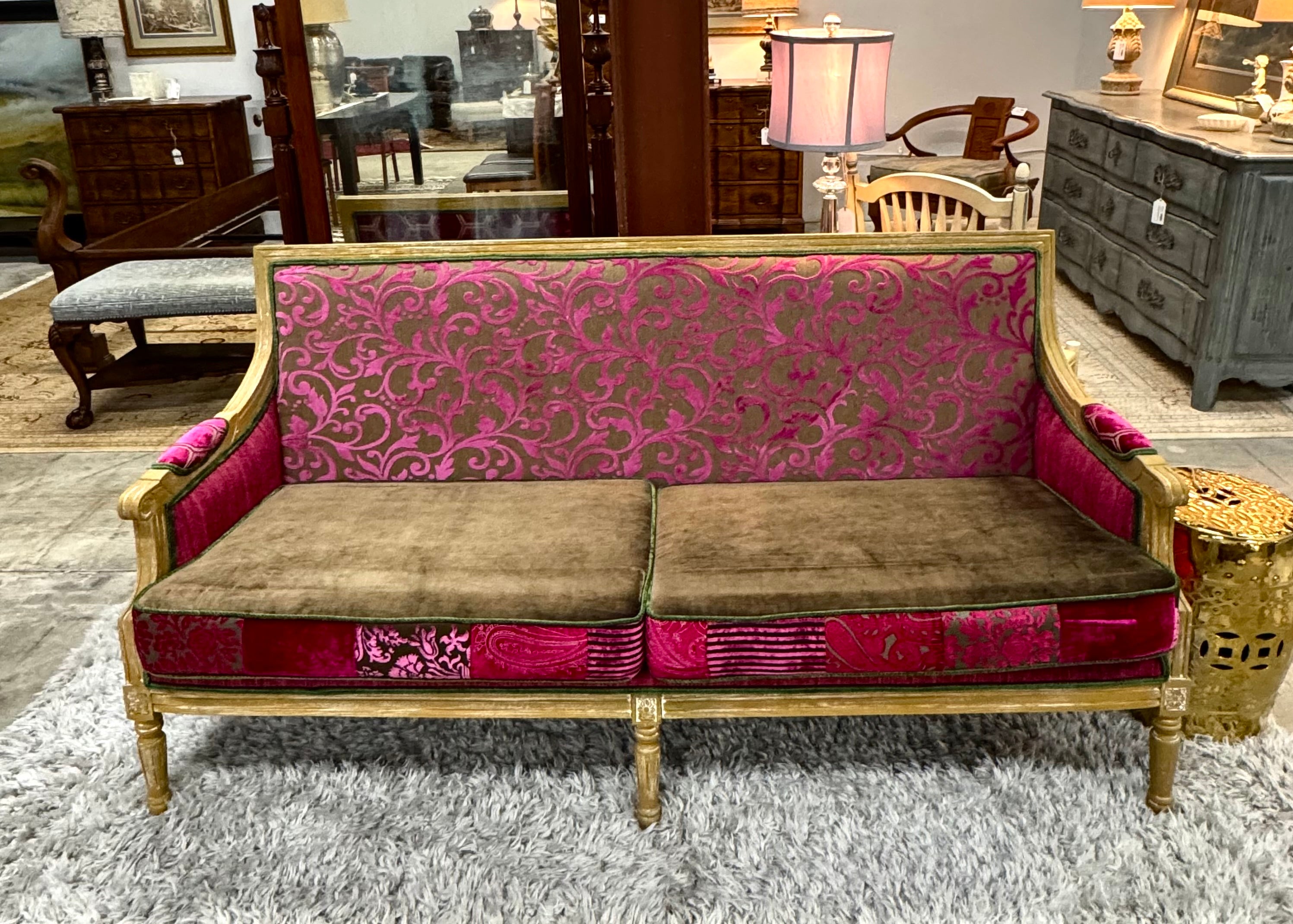 Louis XVI Fuchsia & Brown Velvet Settee