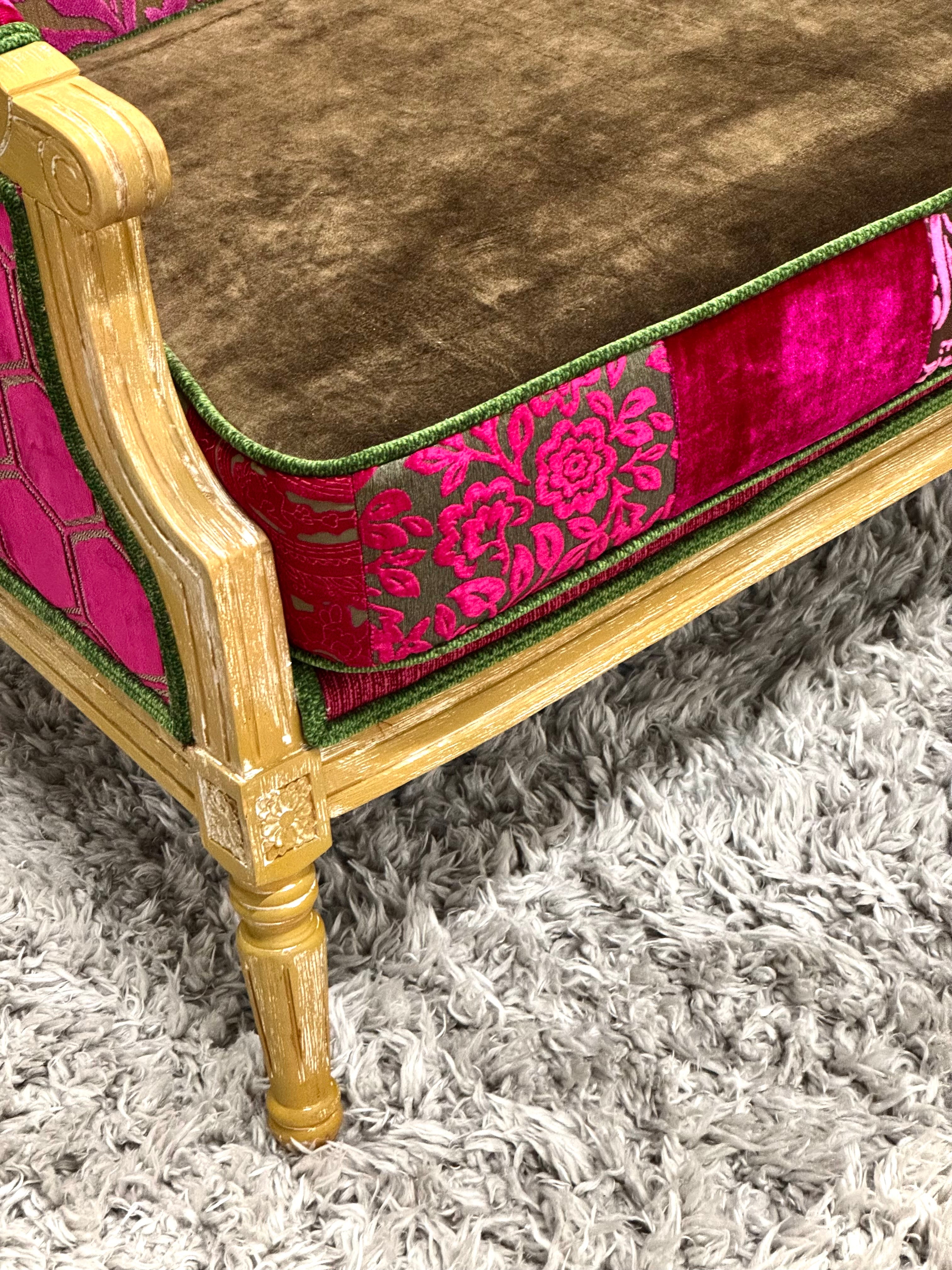 Louis XVI Fuchsia & Brown Velvet Settee