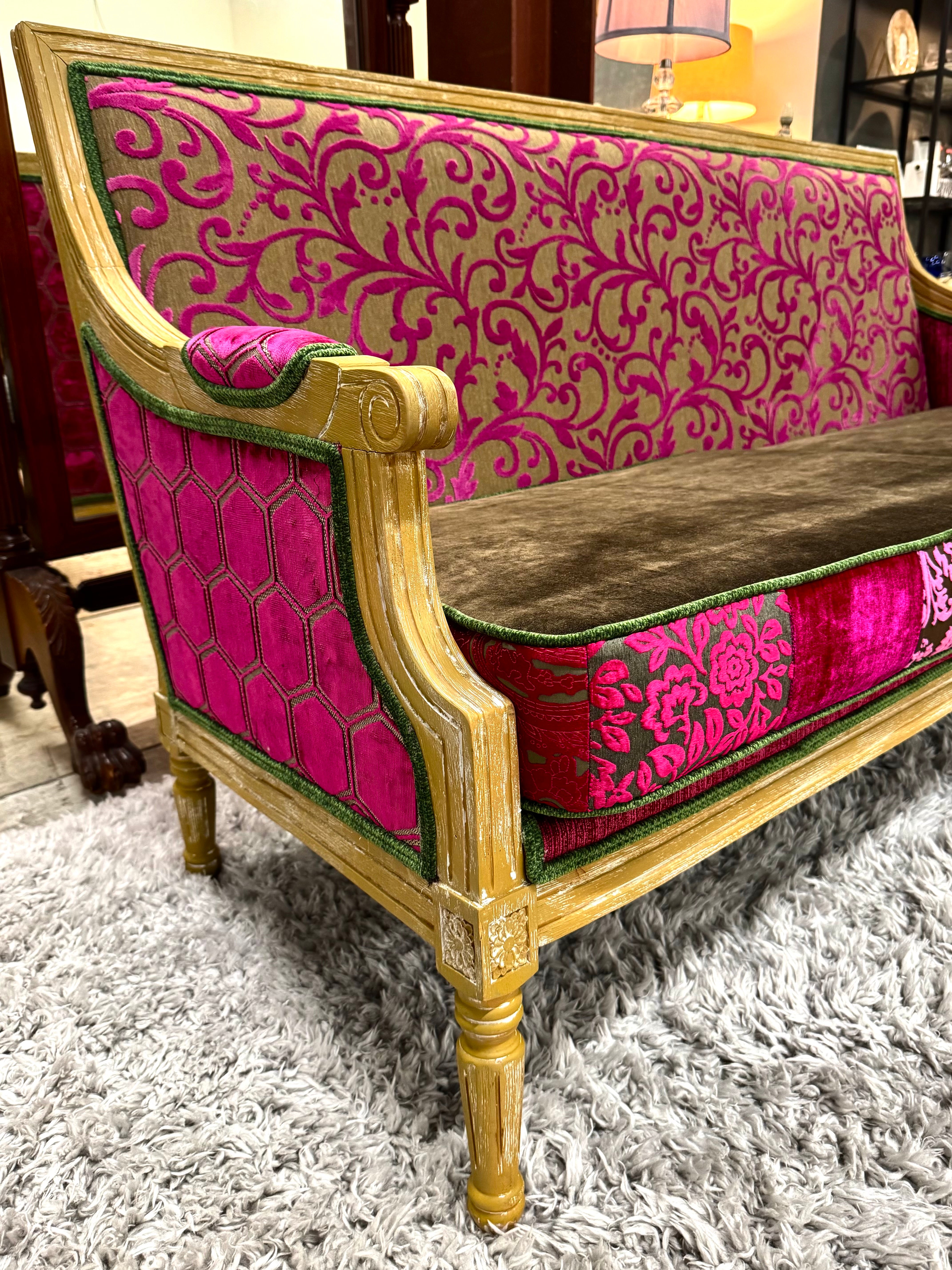 Louis XVI Fuchsia & Brown Velvet Settee