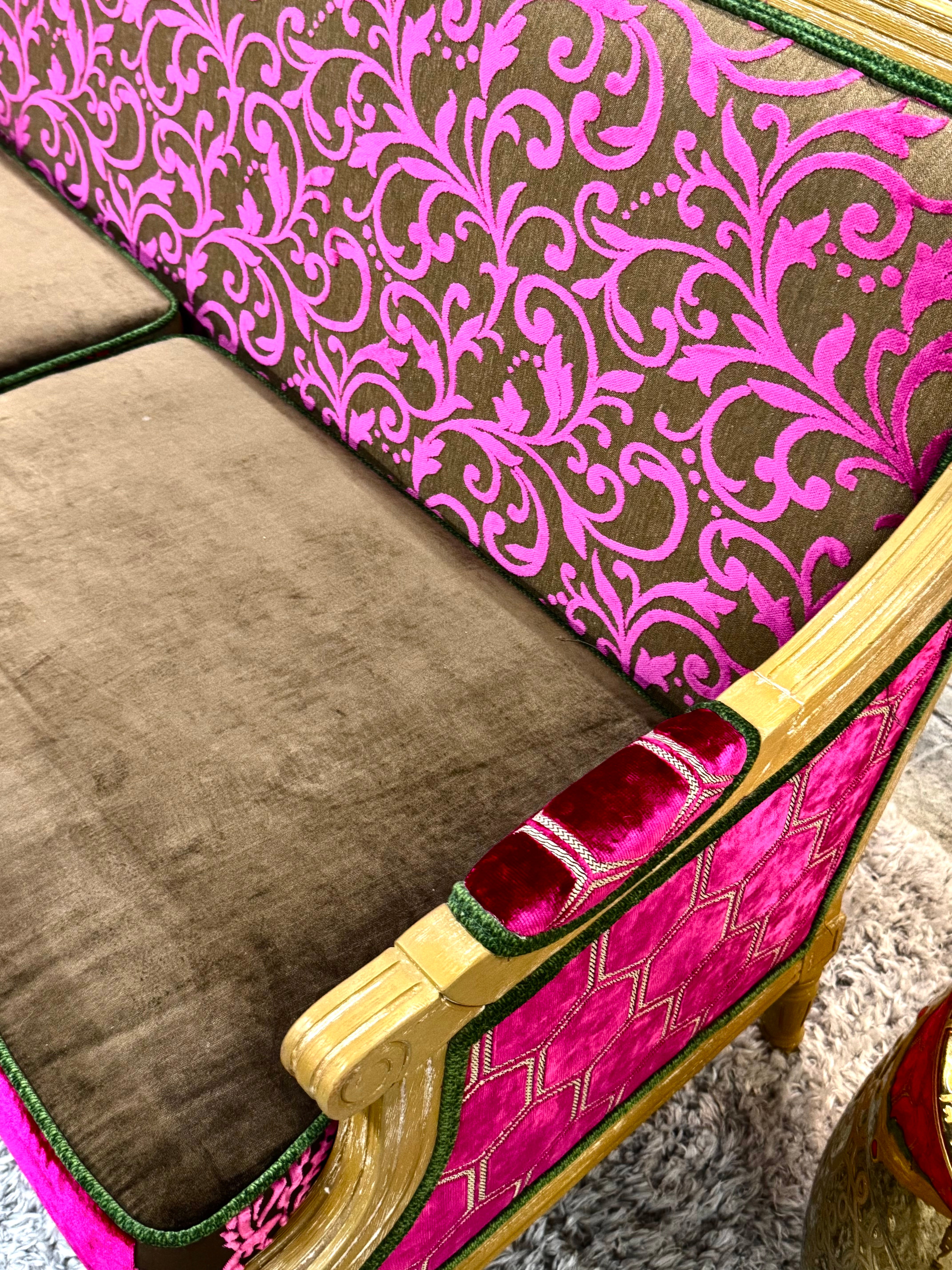 Louis XVI Fuchsia & Brown Velvet Settee