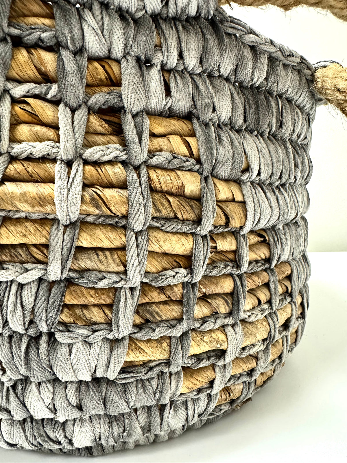 Woven Seagrass & Gray Cotton Basket