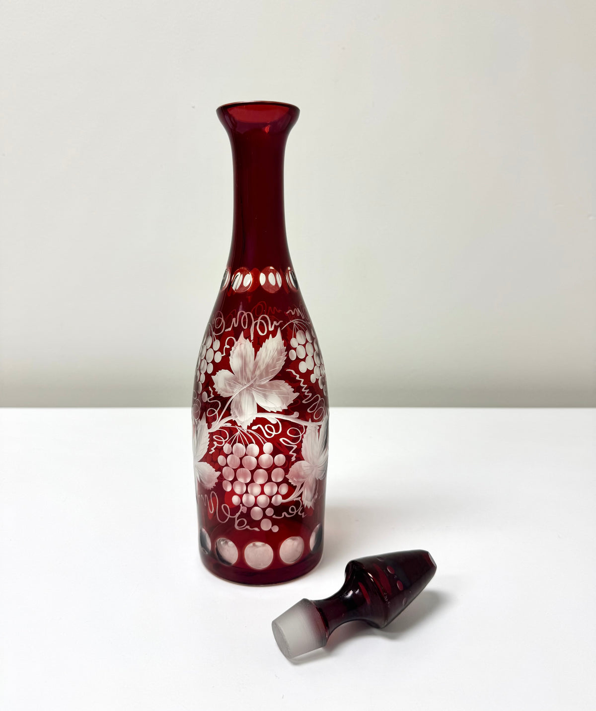 Bohemian Ruby Red Cut-to-clear Glass Decanter with Stopper