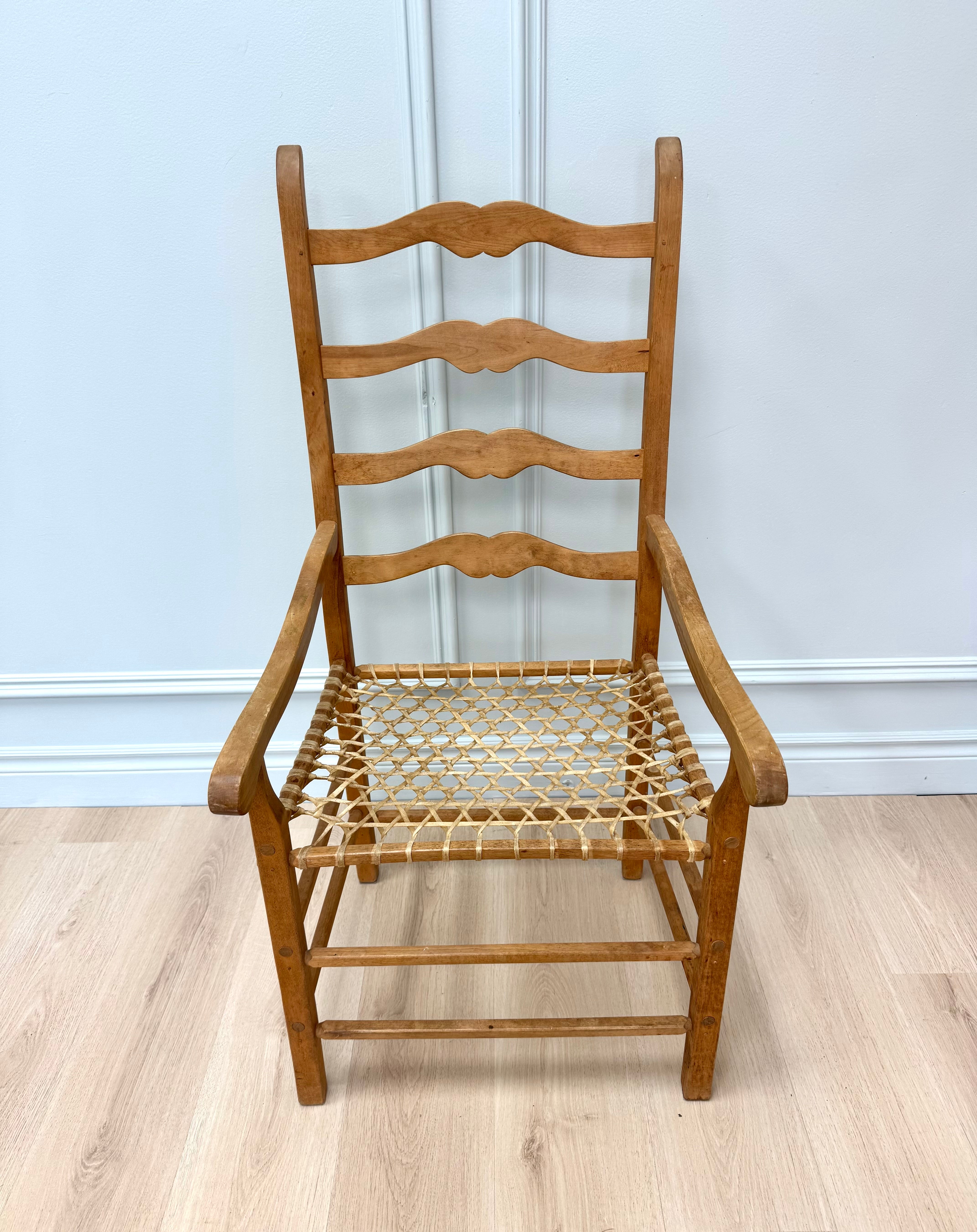 Vintage French Country Ladderback Chair with Woven Rawhide Seat