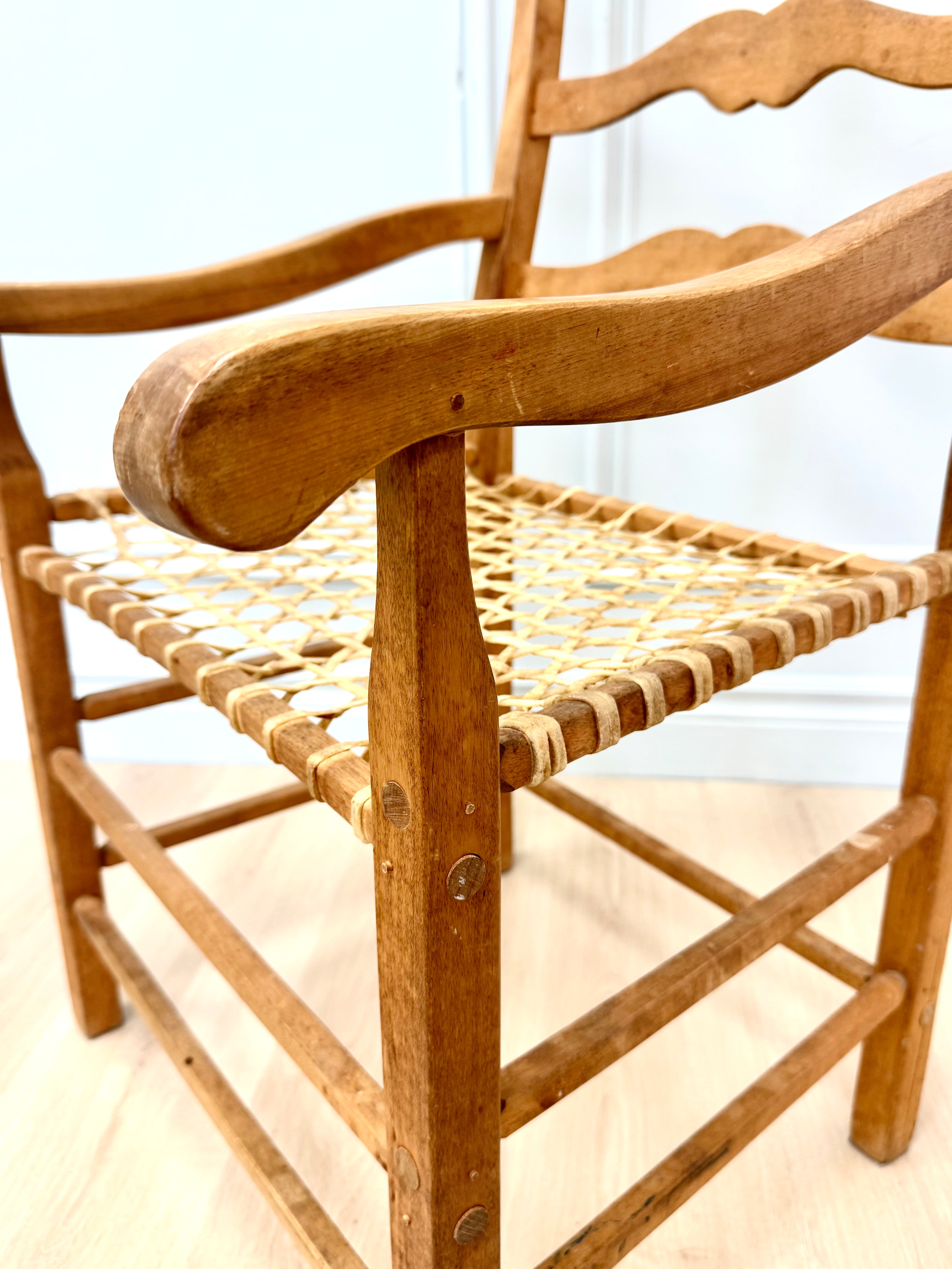 Vintage French Country Ladderback Chair with Woven Rawhide Seat