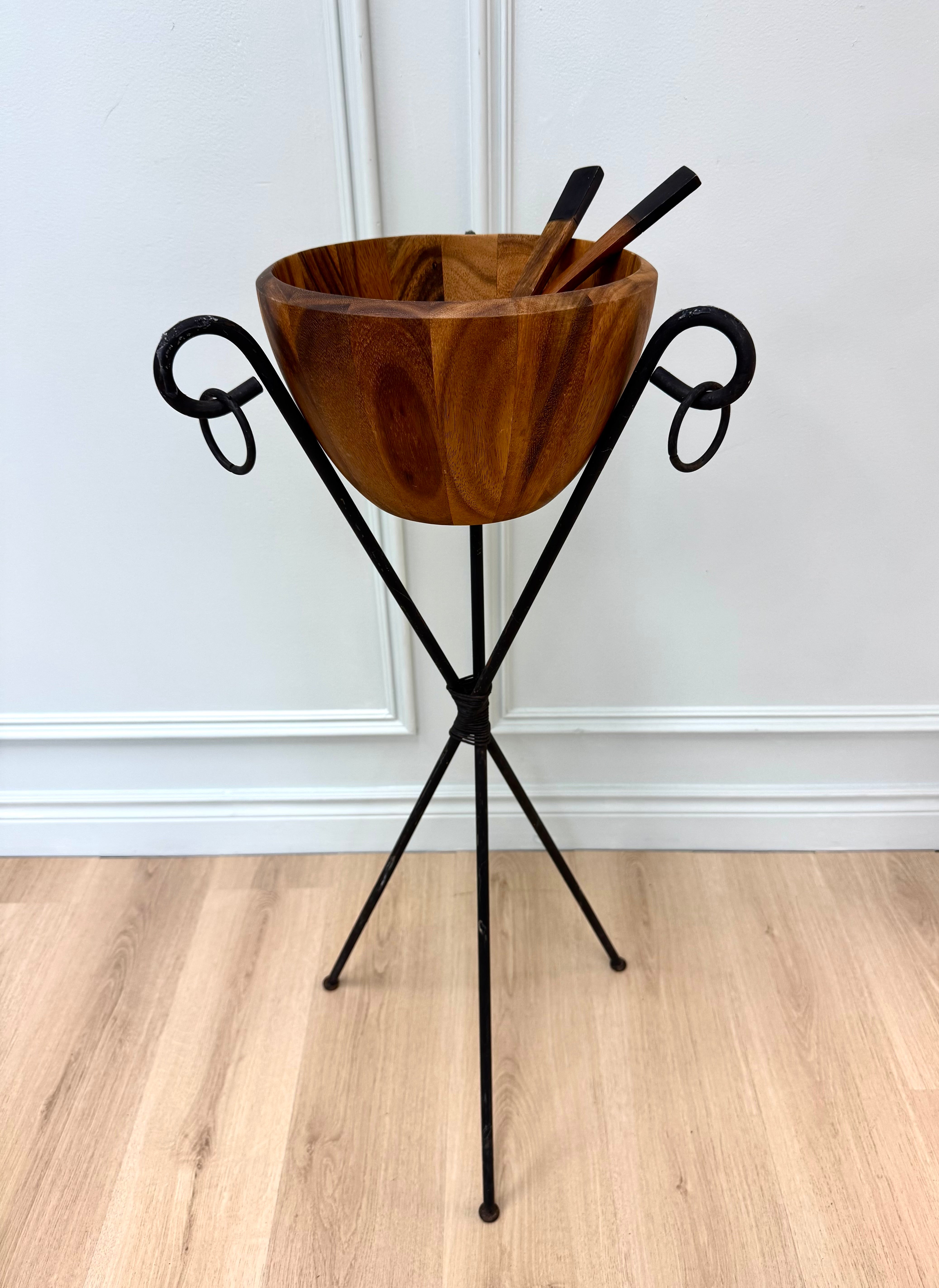 Teak Salad Bowl & Servers with Iron Stand