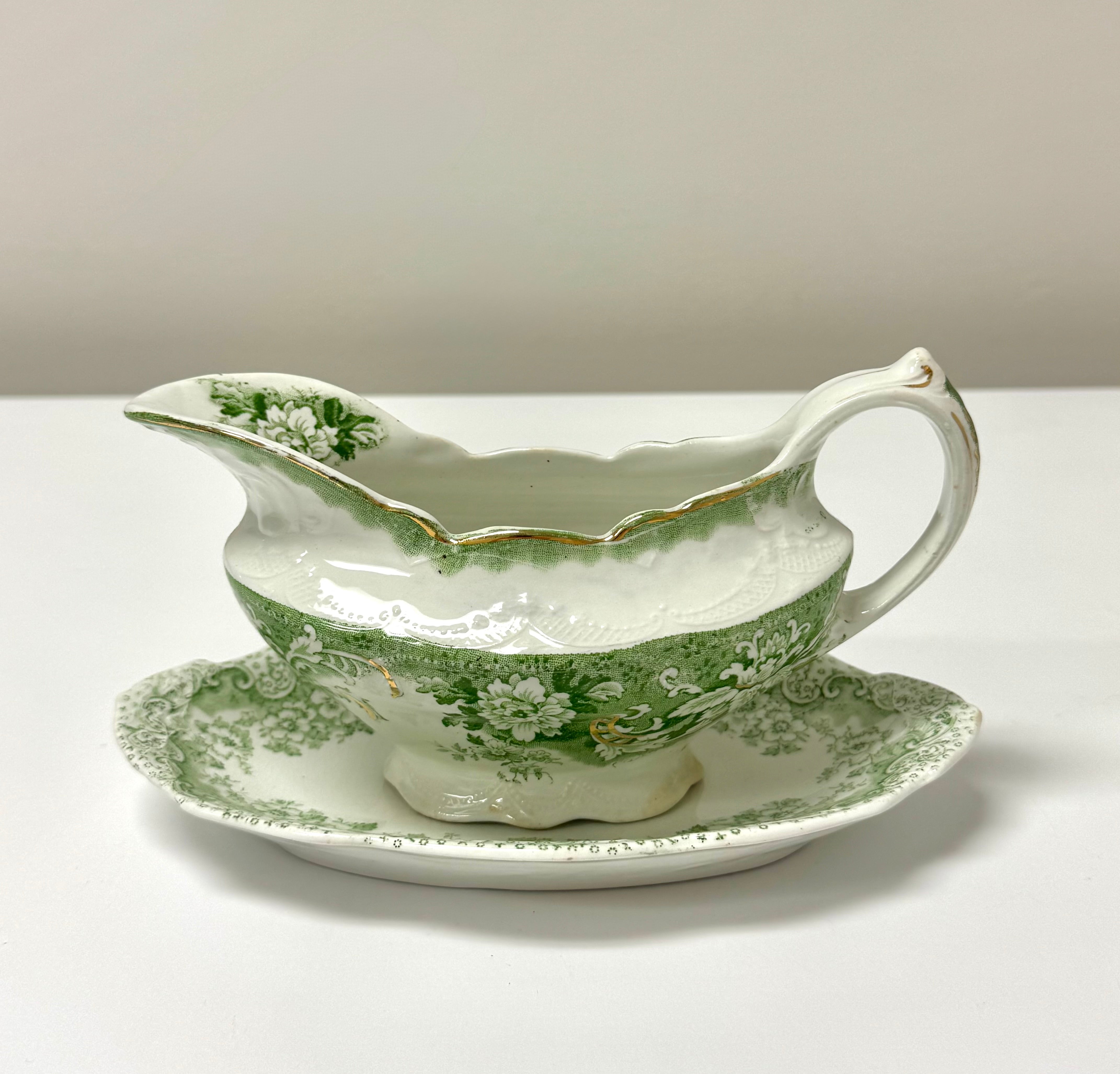 Vintage Light Green Floral Gravy Boat with Saucer