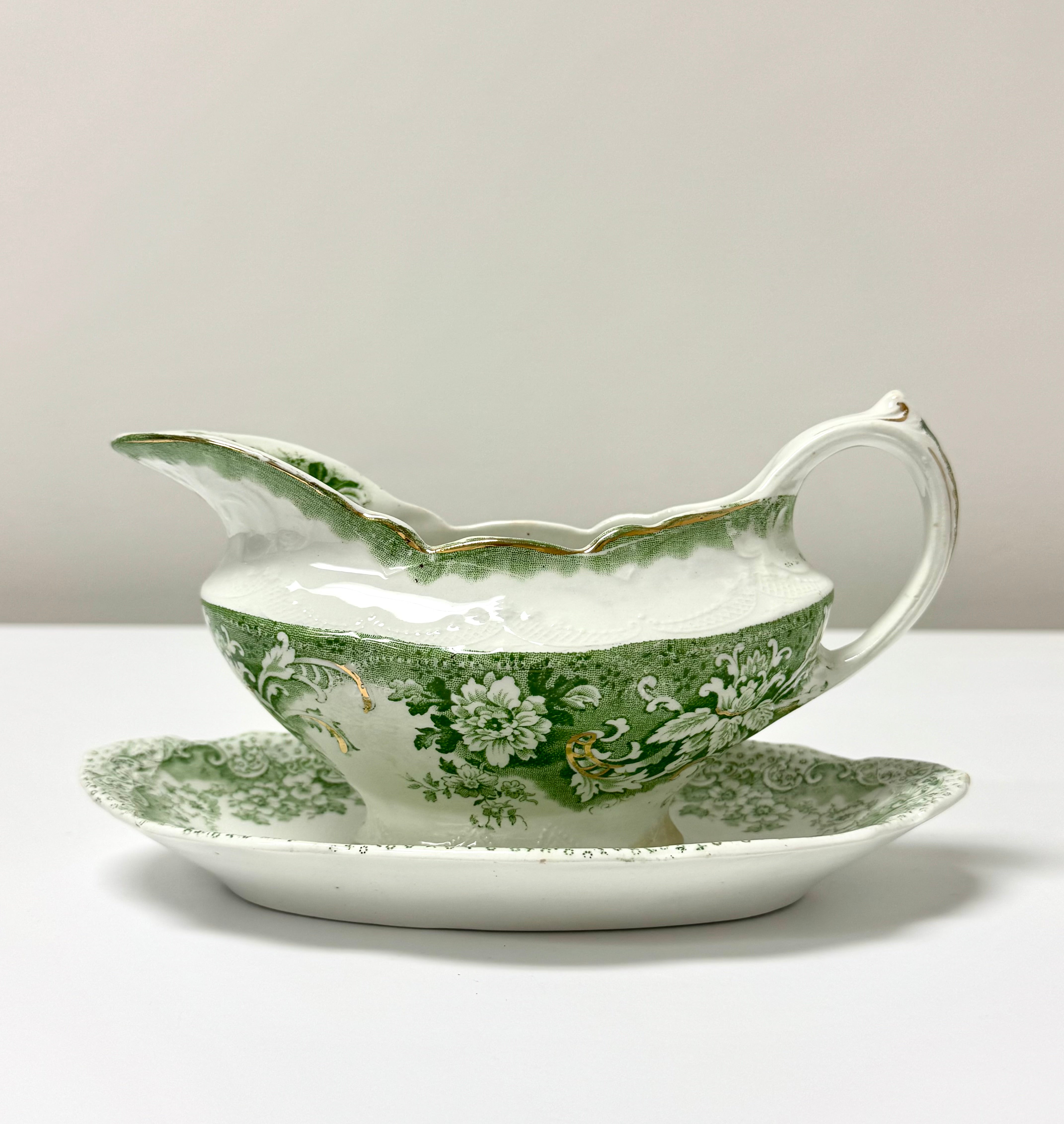 Vintage Light Green Floral Gravy Boat with Saucer