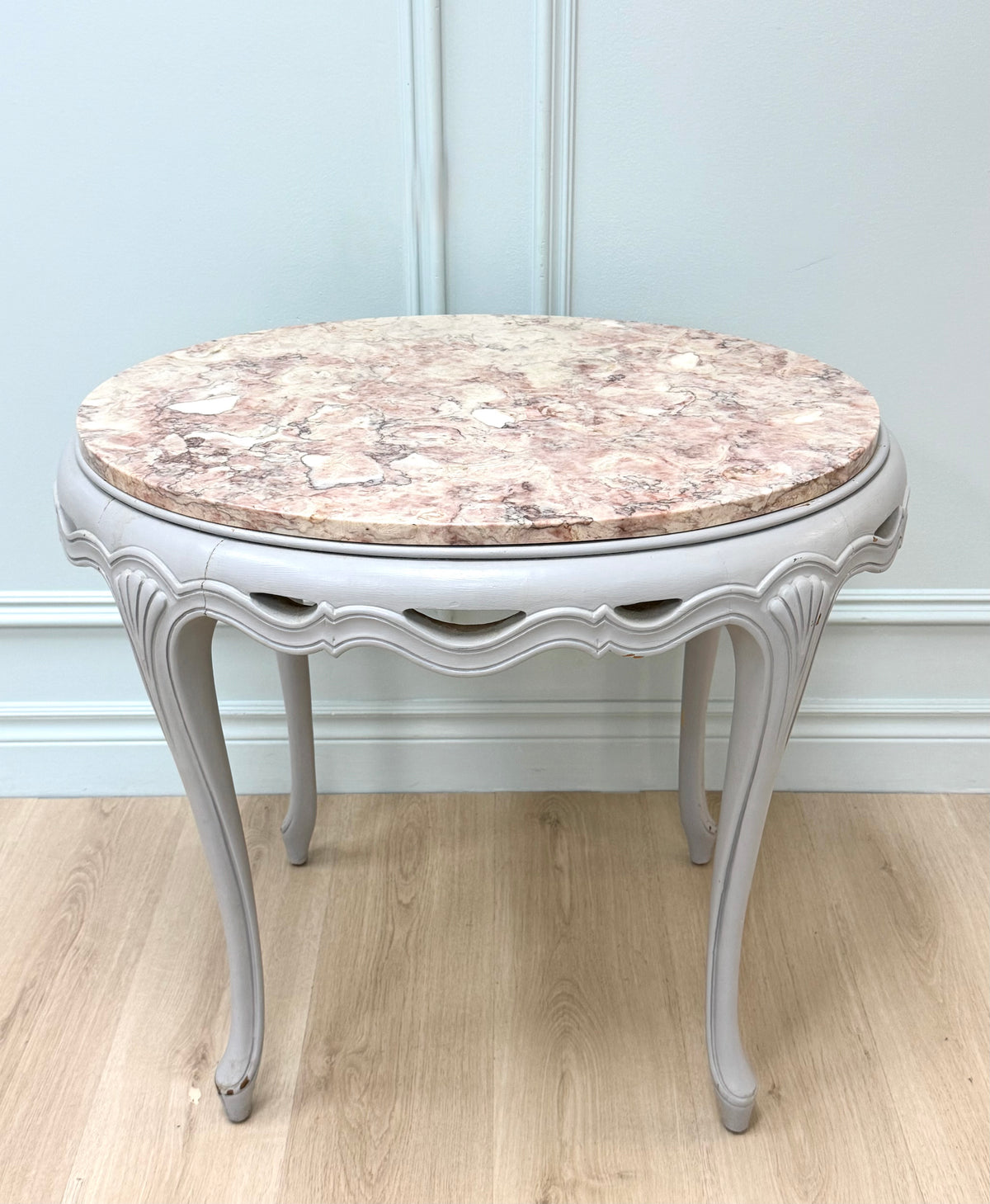 Gray Provincial Table with Pink Marble Top