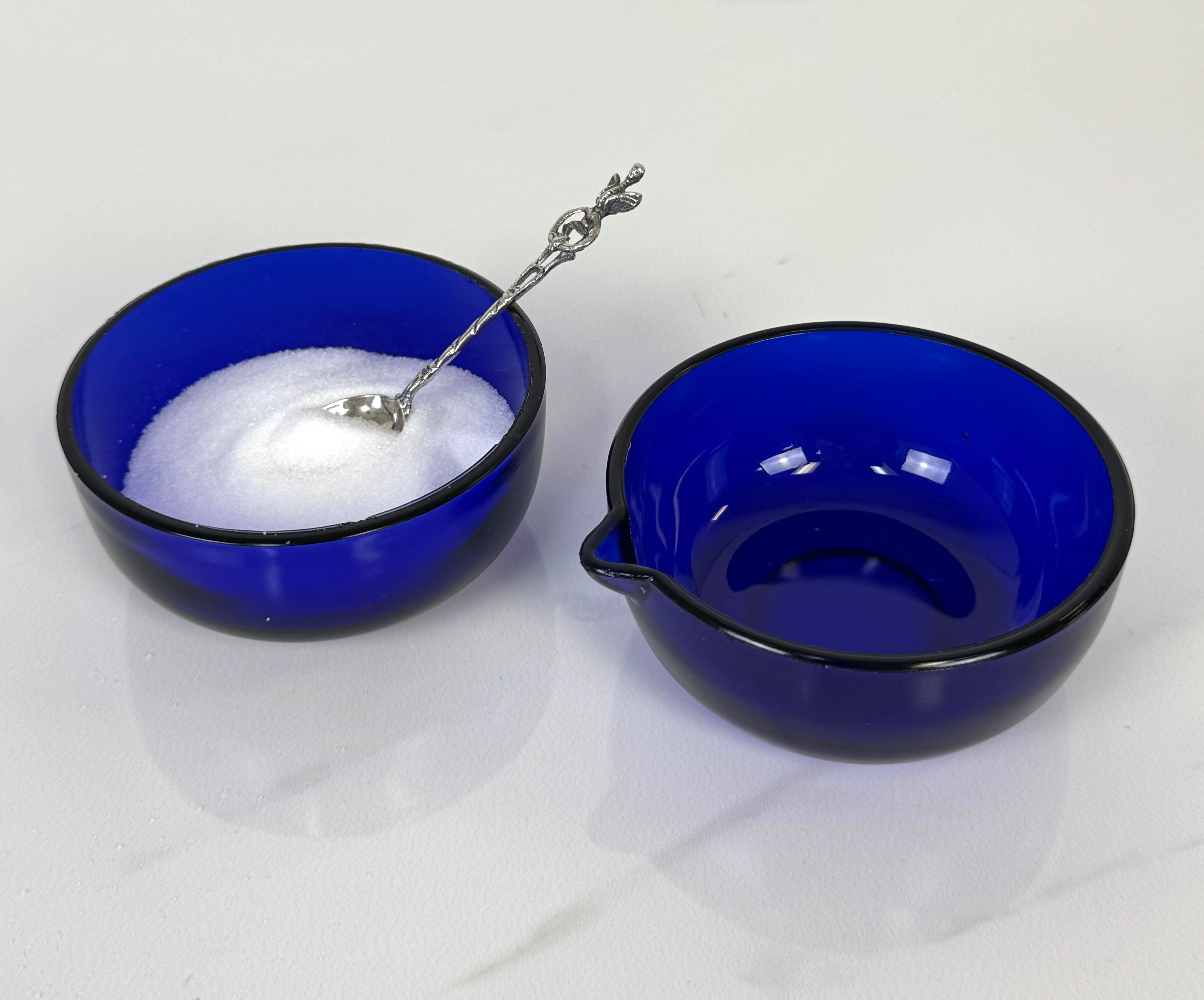 Vintage Cobalt Blue Glass Open Cream & Sugar Set