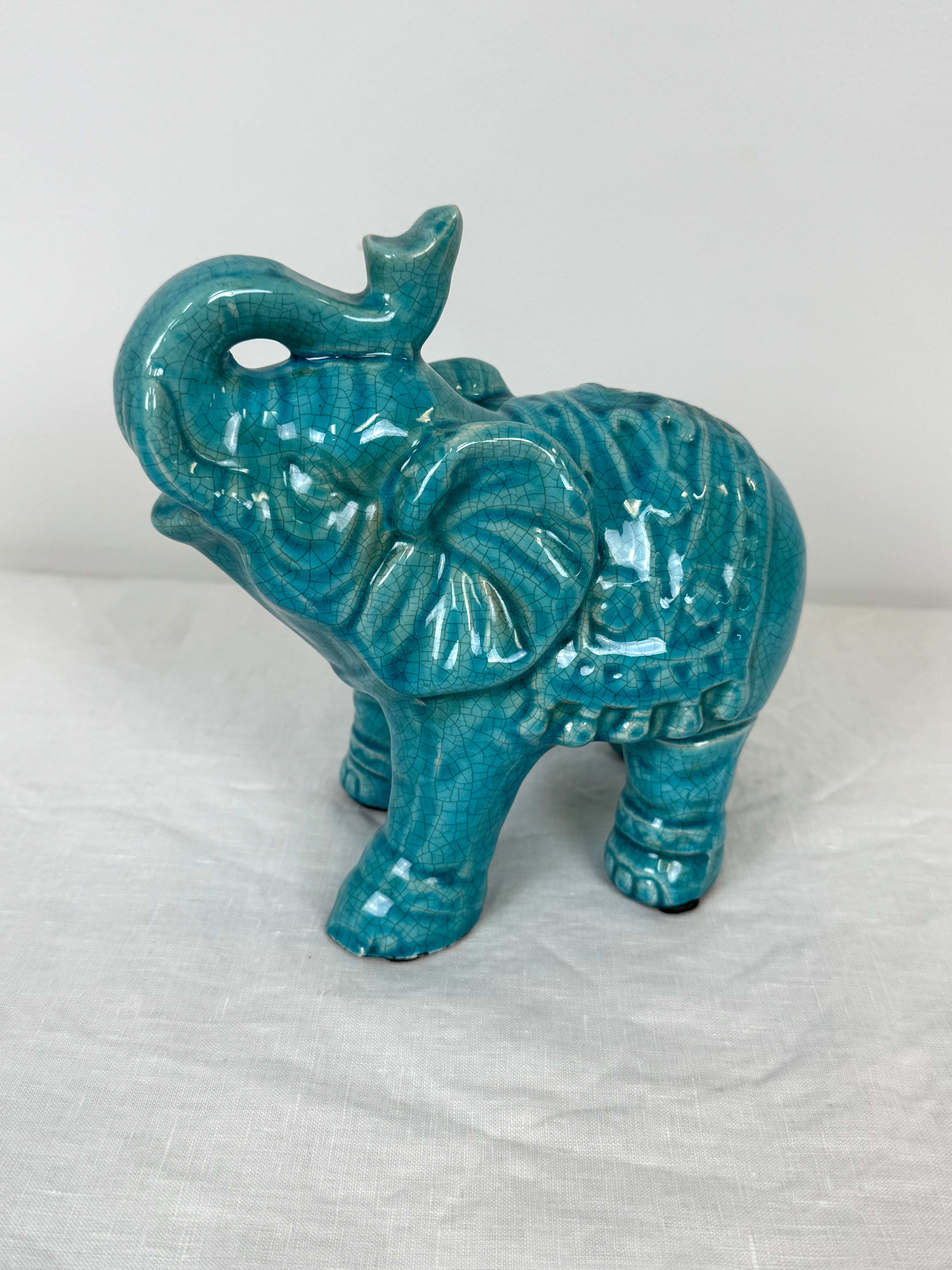 Turquoise Crackle Glaze Ceramic Elephant