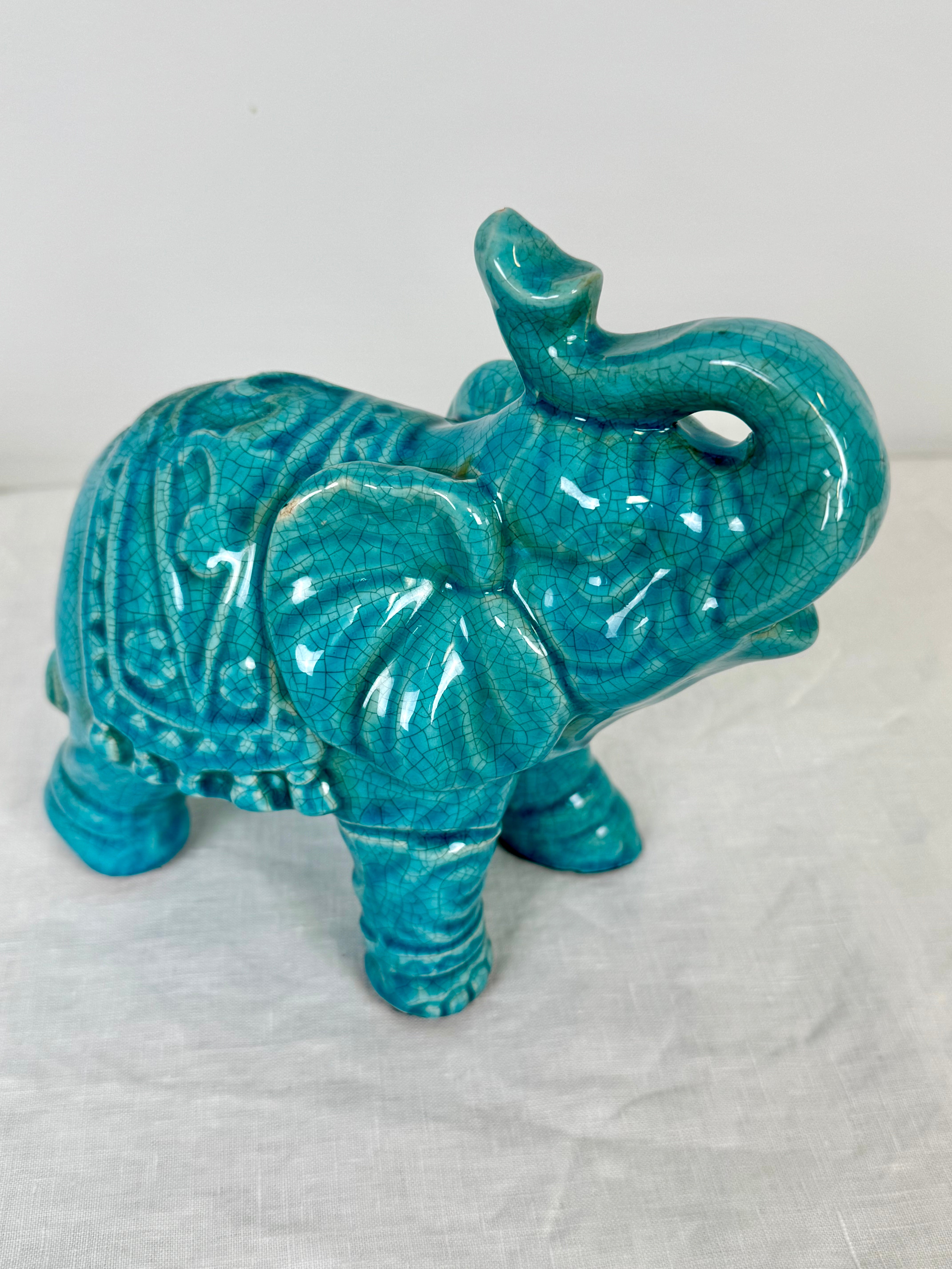 Turquoise Crackle Glaze Ceramic Elephant