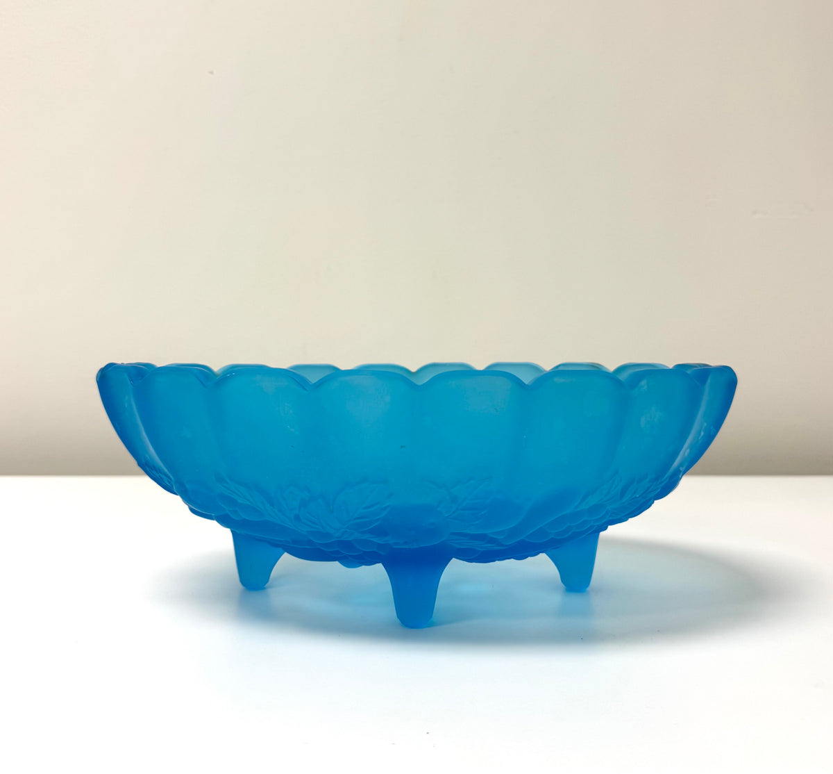 Vintage Aqua Blue Satin Glass Footed Bowl