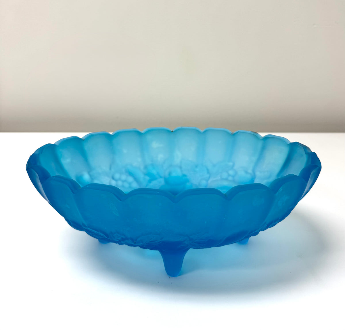Vintage Aqua Blue Satin Glass Footed Bowl