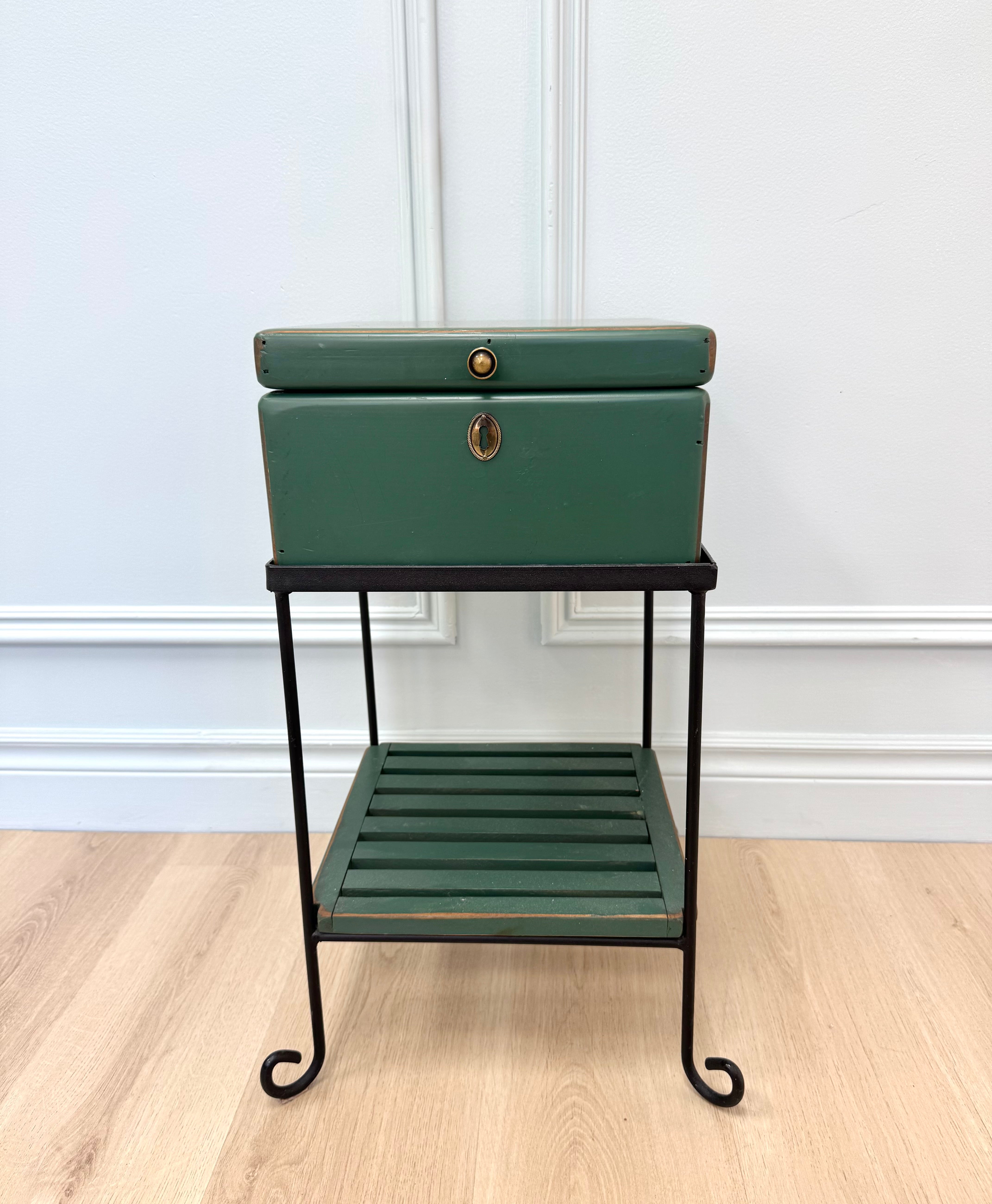Green Wooden Box on Wrought Iron Stand