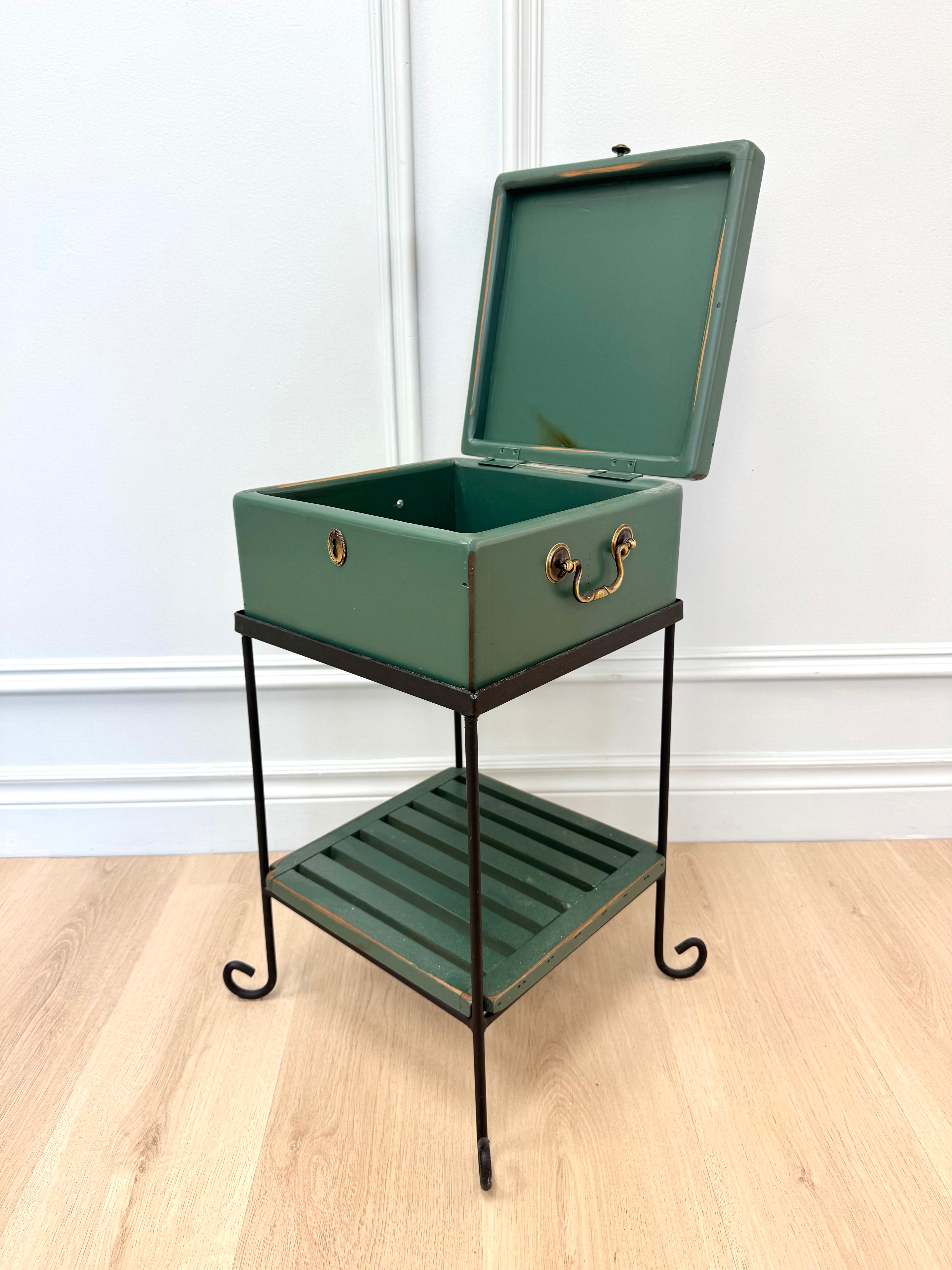 Green Wooden Box on Wrought Iron Stand